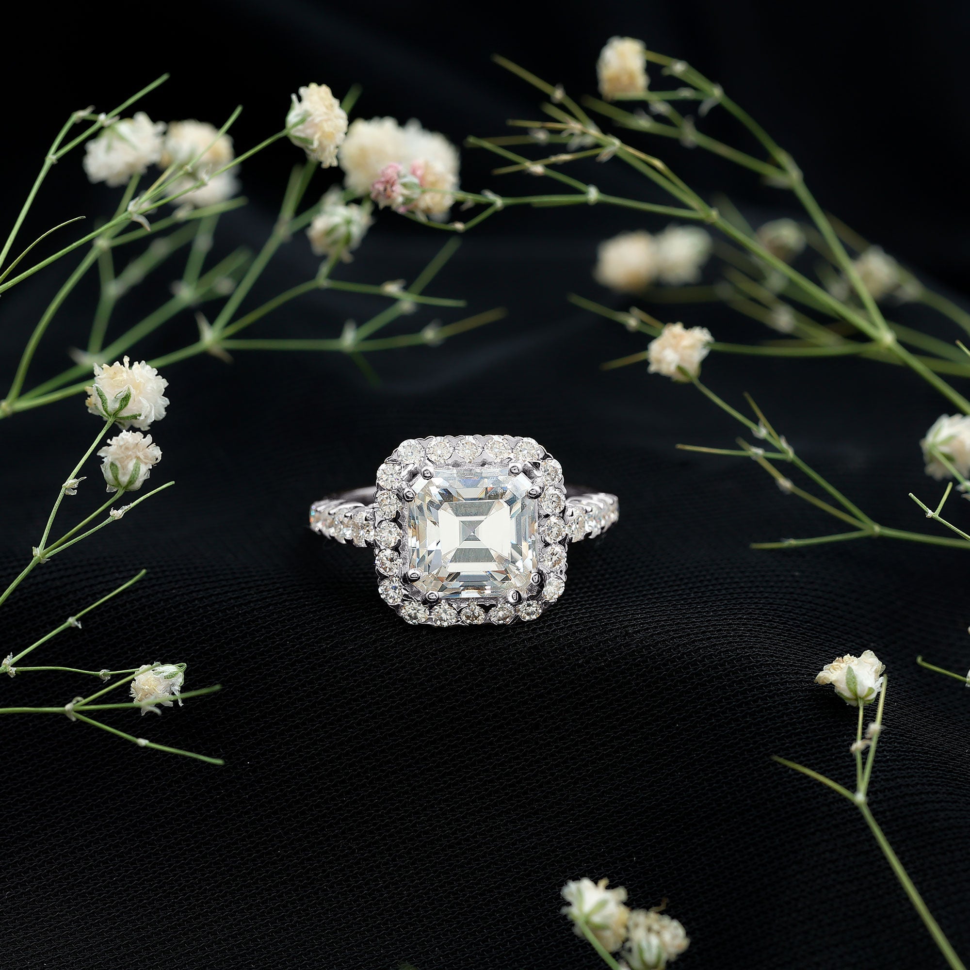 2.5 Carat Certified Asscher Cut Moissanite Halo Engagement Ring