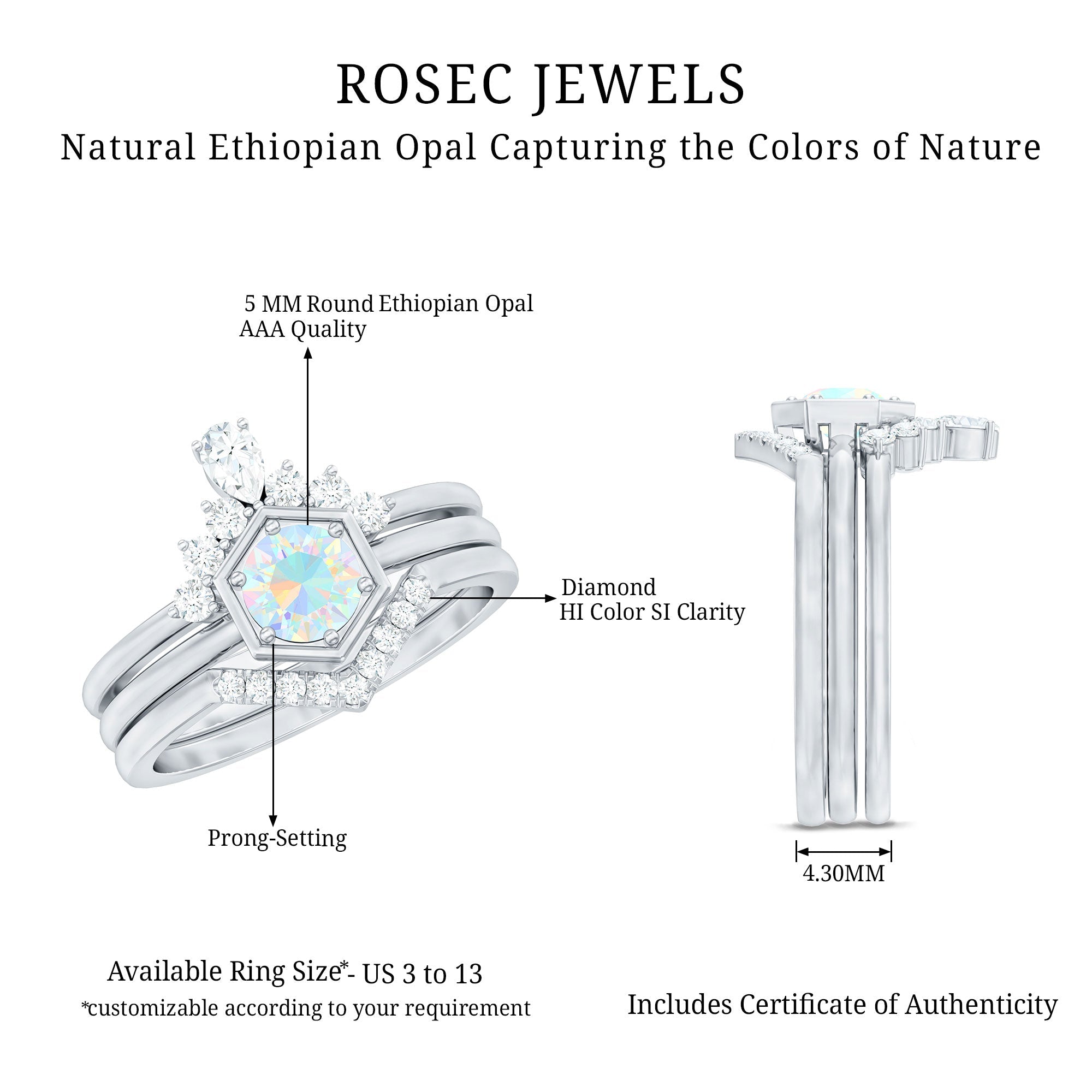 Vintage Inspired 0.5 Carat Opalescent Diamond Wedding Engagement Ring Set of 3