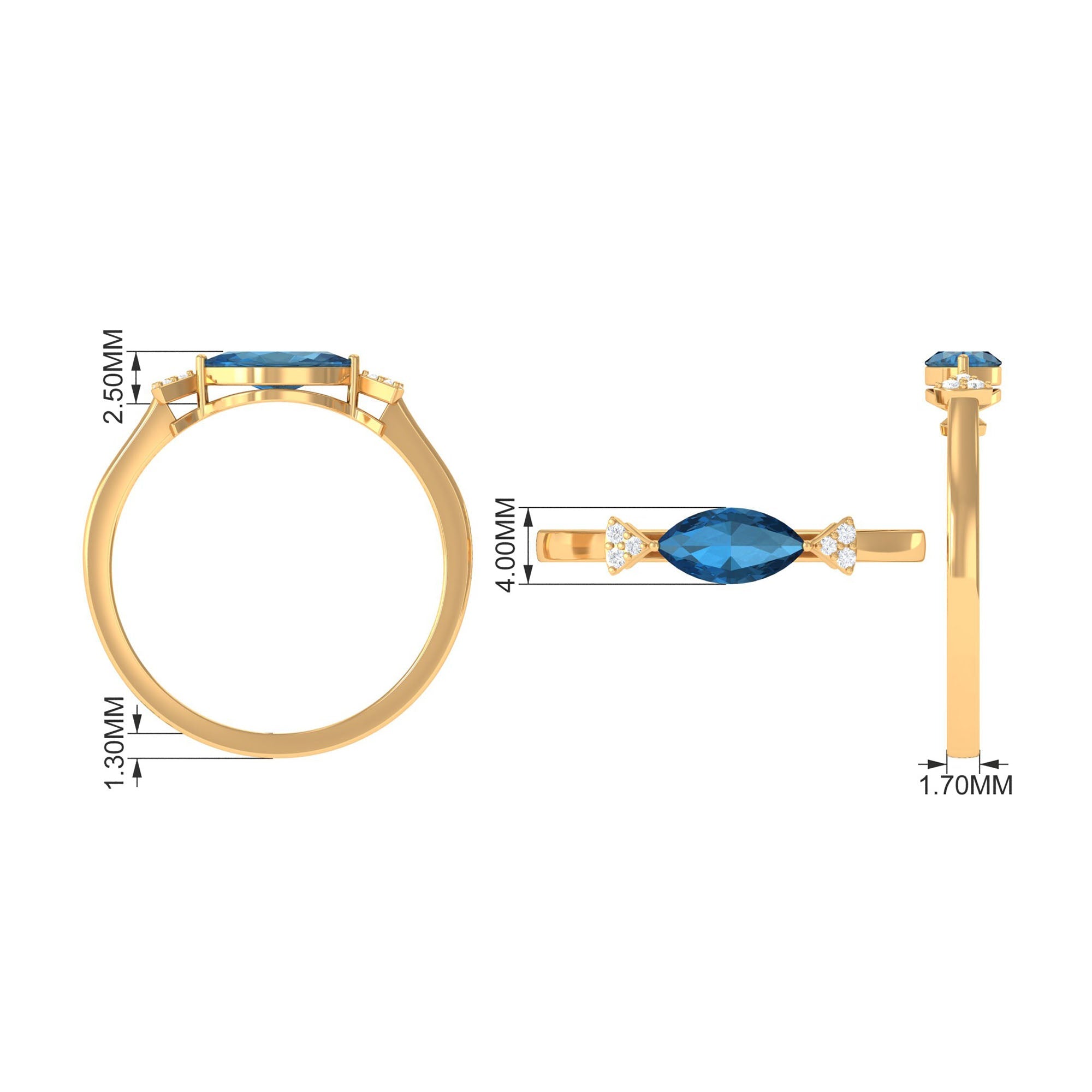 4x8mm Marquise cut London Blue Topaz East West Promise Ring with Diamond