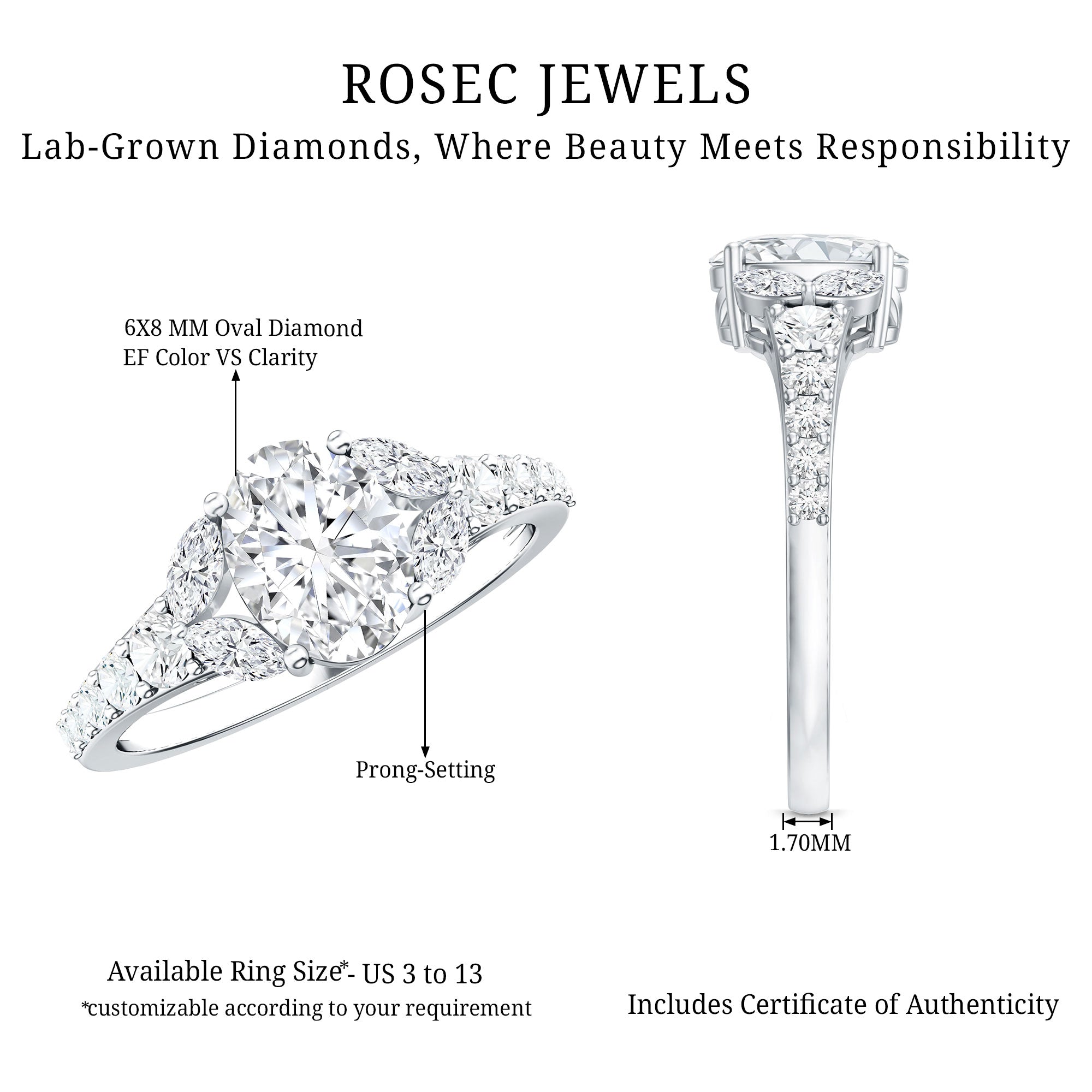 Certified 6X8MM Oval Lab Grown Diamond Engagement Ring With Side Stones