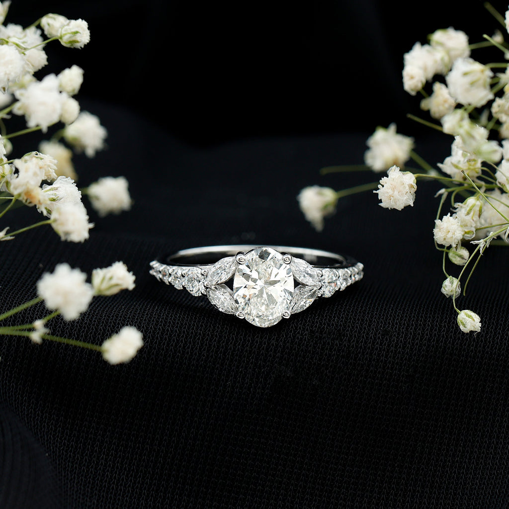 Certified 6X8MM Oval Lab Grown Diamond Engagement Ring With Side Stones