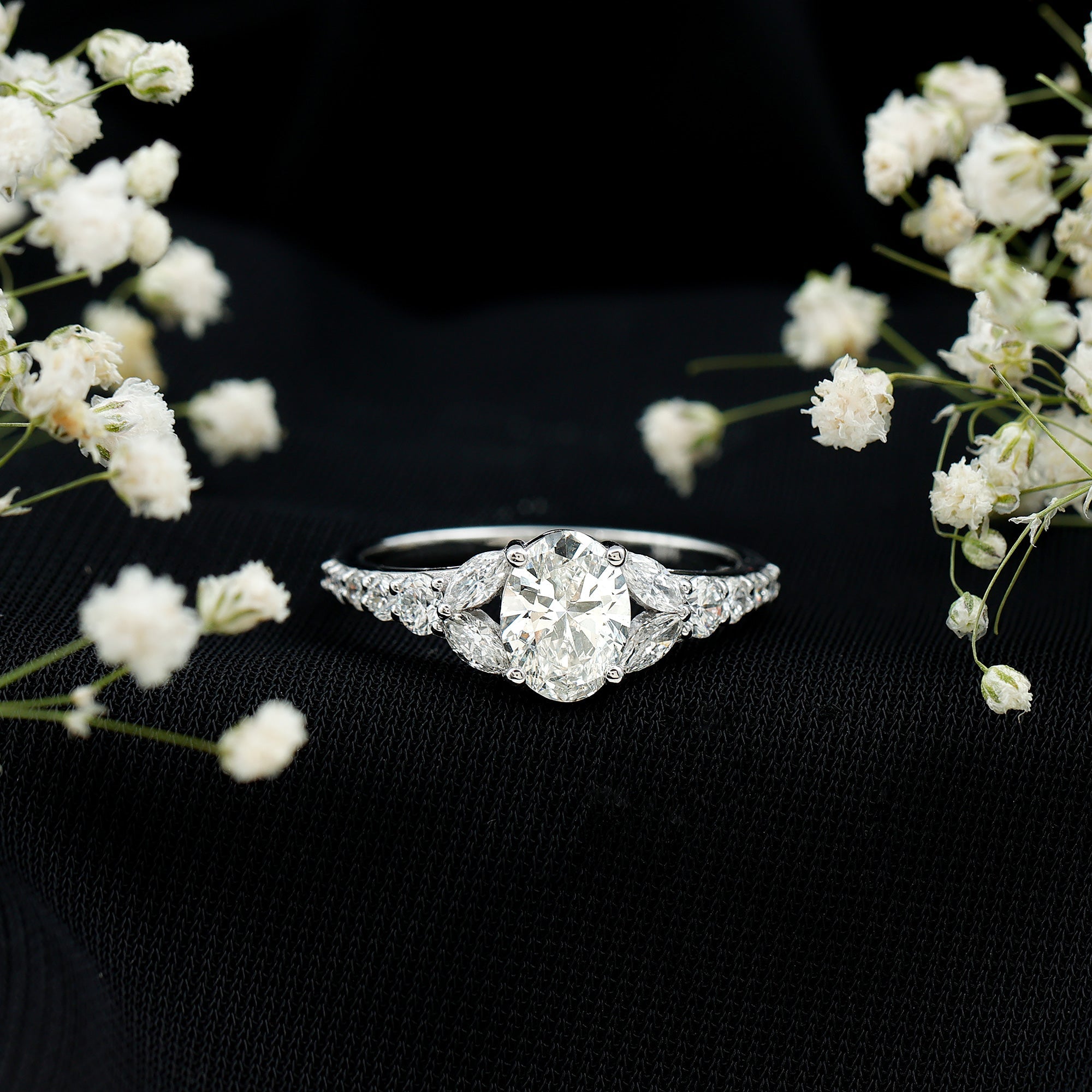 Certified 6X8MM Oval Lab Grown Diamond Engagement Ring With Side Stones