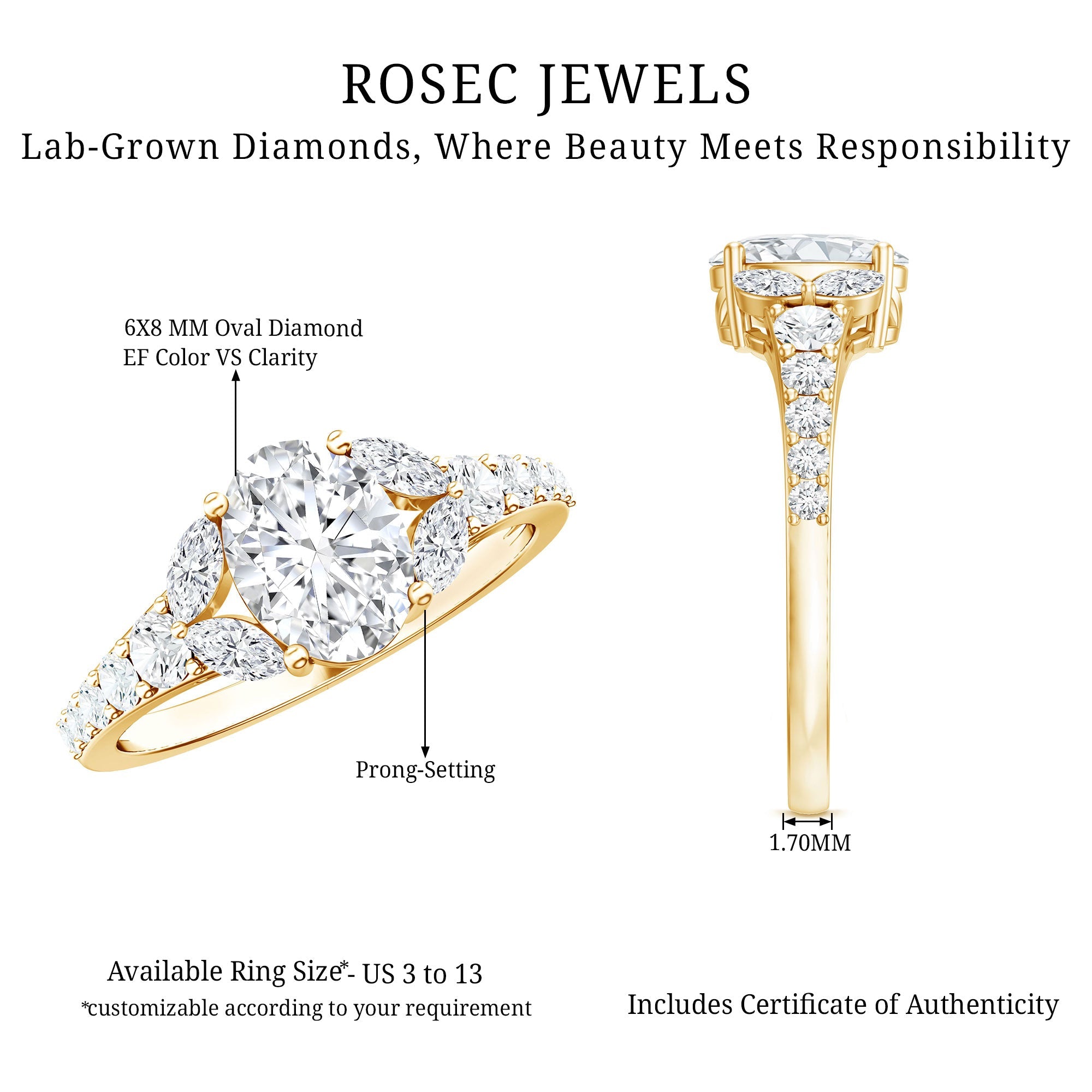 Certified 6X8MM Oval Lab Grown Diamond Engagement Ring With Side Stones