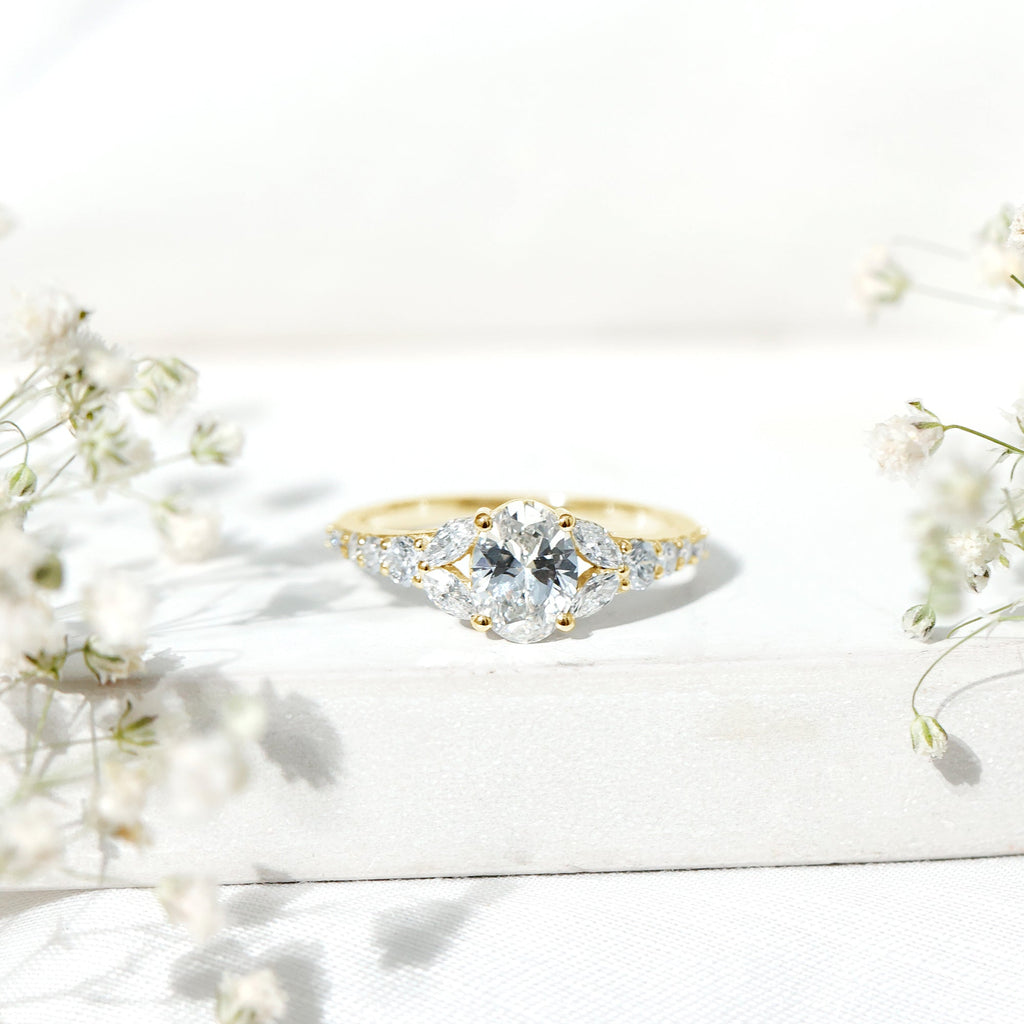 Certified 6X8MM Oval Lab Grown Diamond Engagement Ring With Side Stones