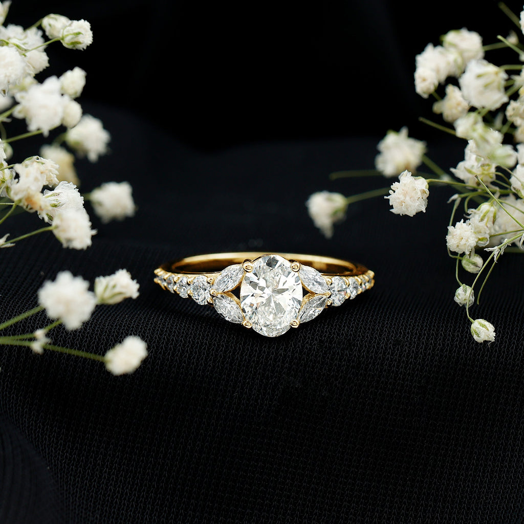Certified 6X8MM Oval Lab Grown Diamond Engagement Ring With Side Stones