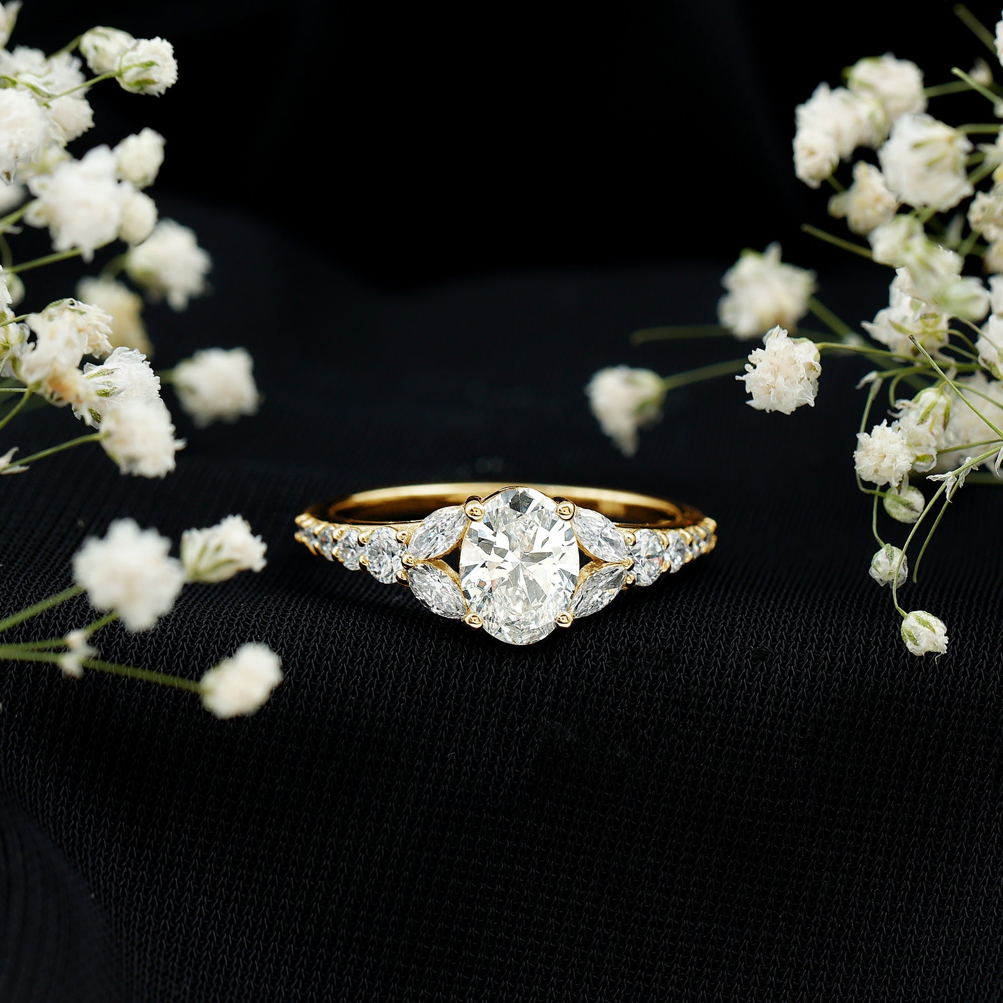 Certified 6X8MM Oval Lab Grown Diamond Engagement Ring With Side Stones