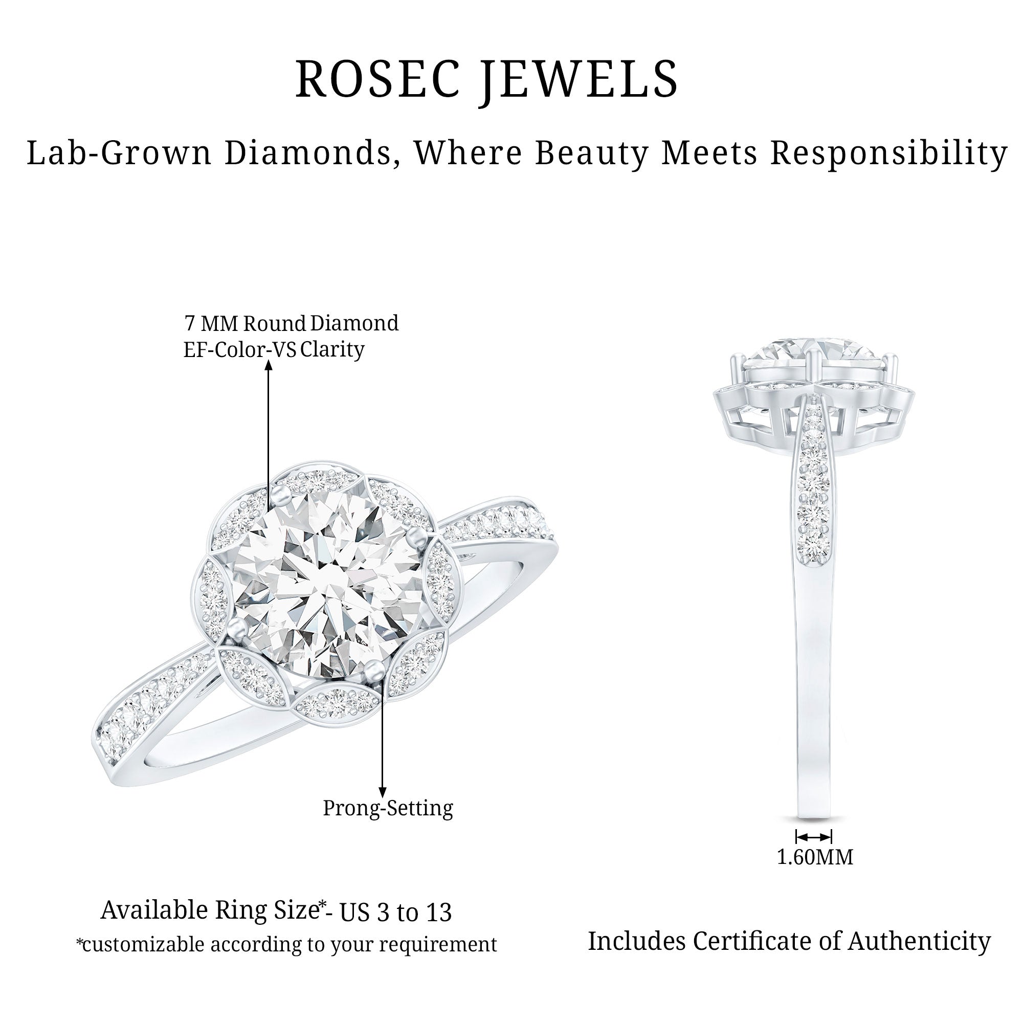 Certified 7 MM Lab Grown Diamond Halo Engagement Ring