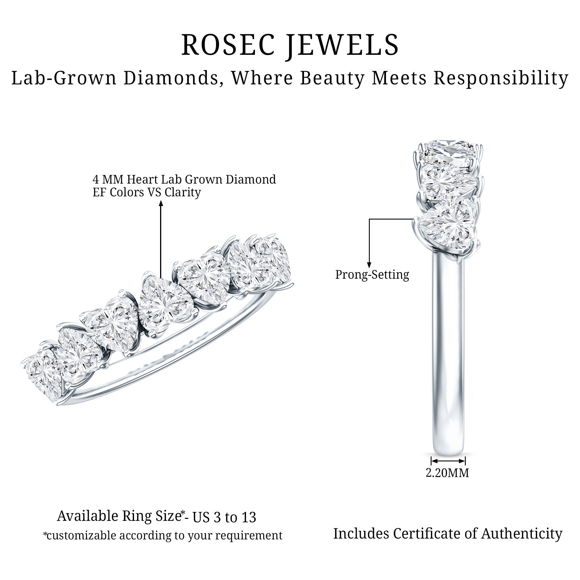 Certified Lab Heart Shaped Diamond Half Eternity Ring