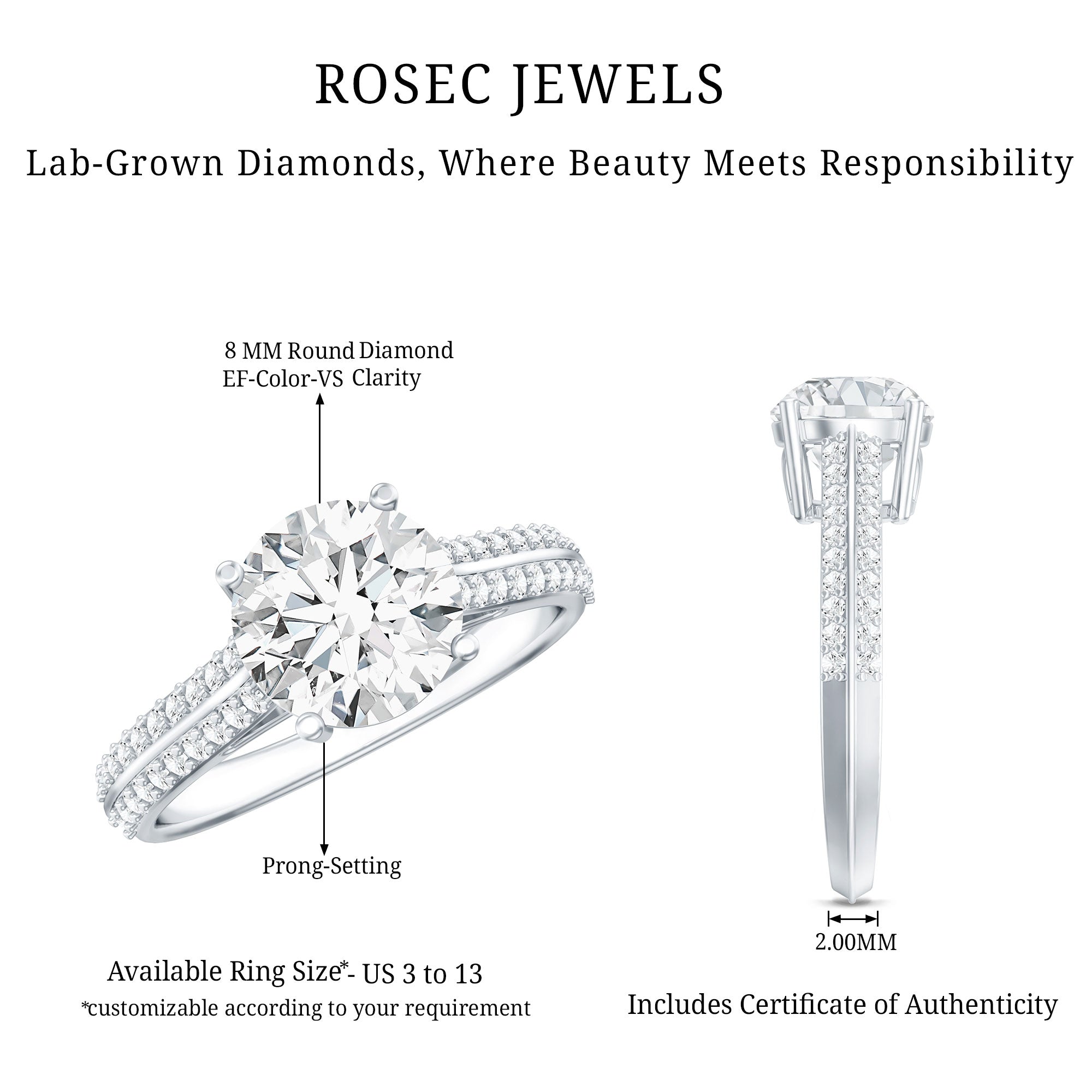 Certified Lab Grown Diamond 2 Carat Simple Engagement Ring With Side Stones