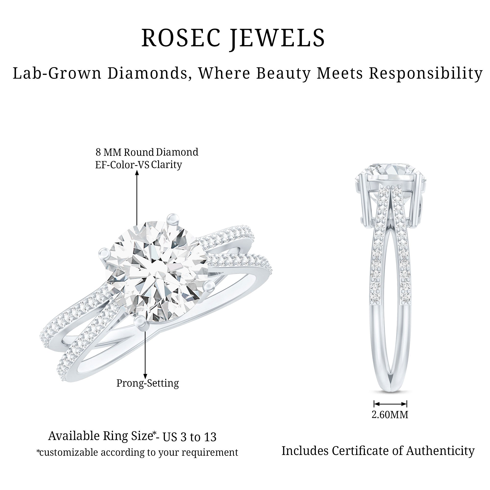Certified 8 mm Lab Grown Diamond Split Shank Engagement Ring
