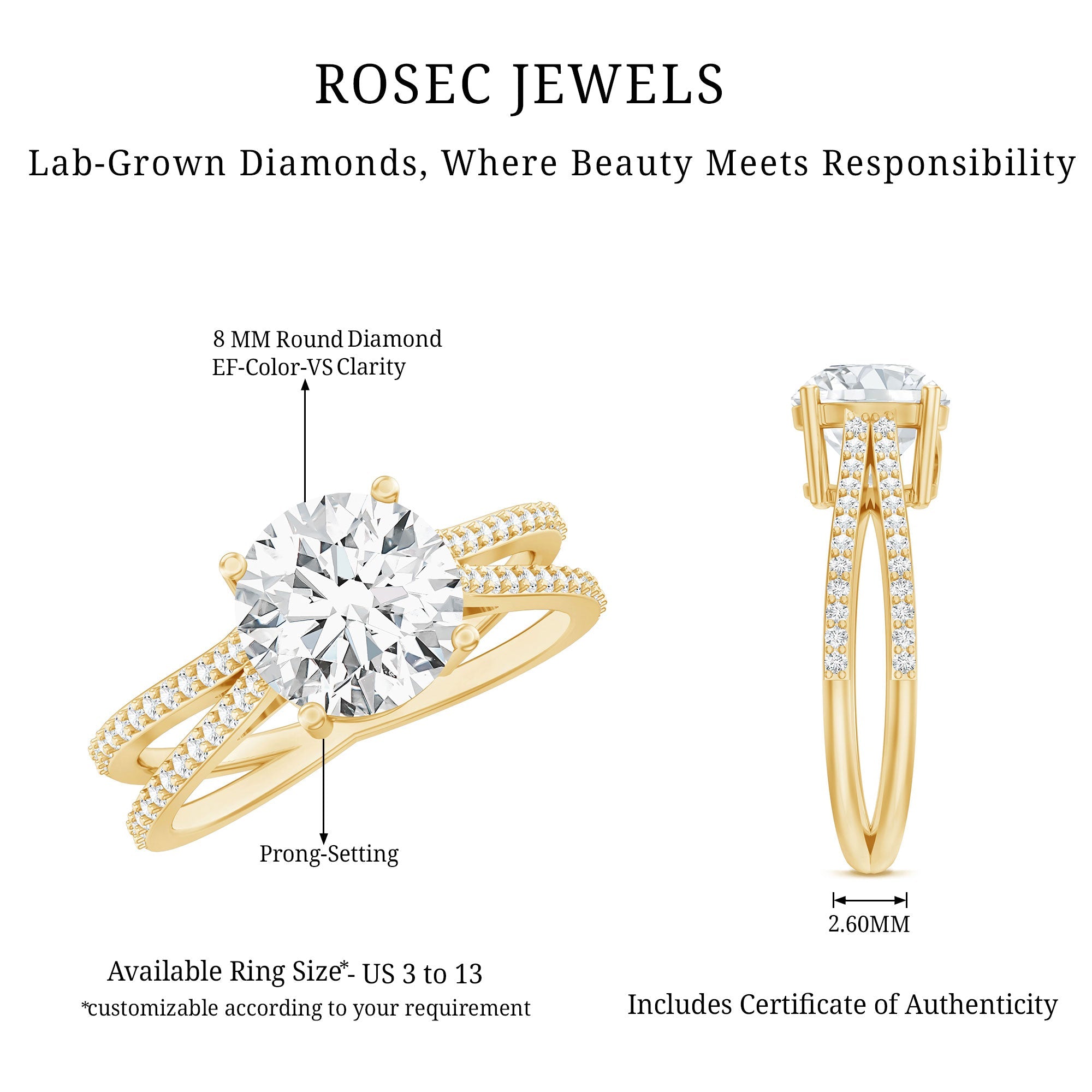 Certified 8 mm Lab Grown Diamond Split Shank Engagement Ring