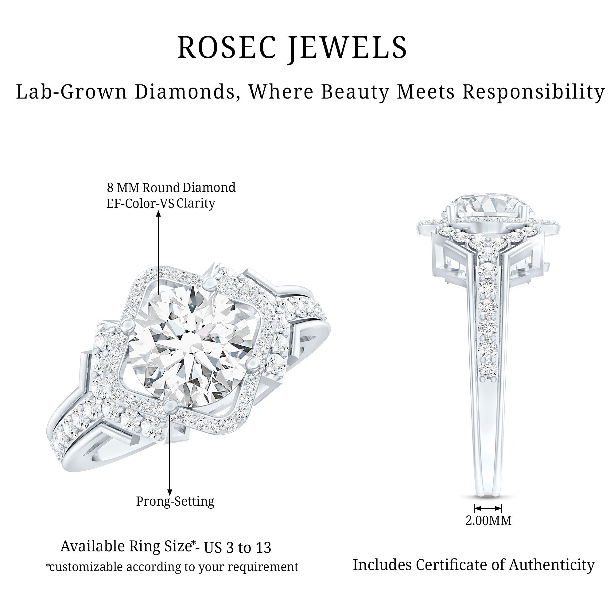 Certified 8 MM Lab Grown Diamond Vintage Style Engagement Ring
