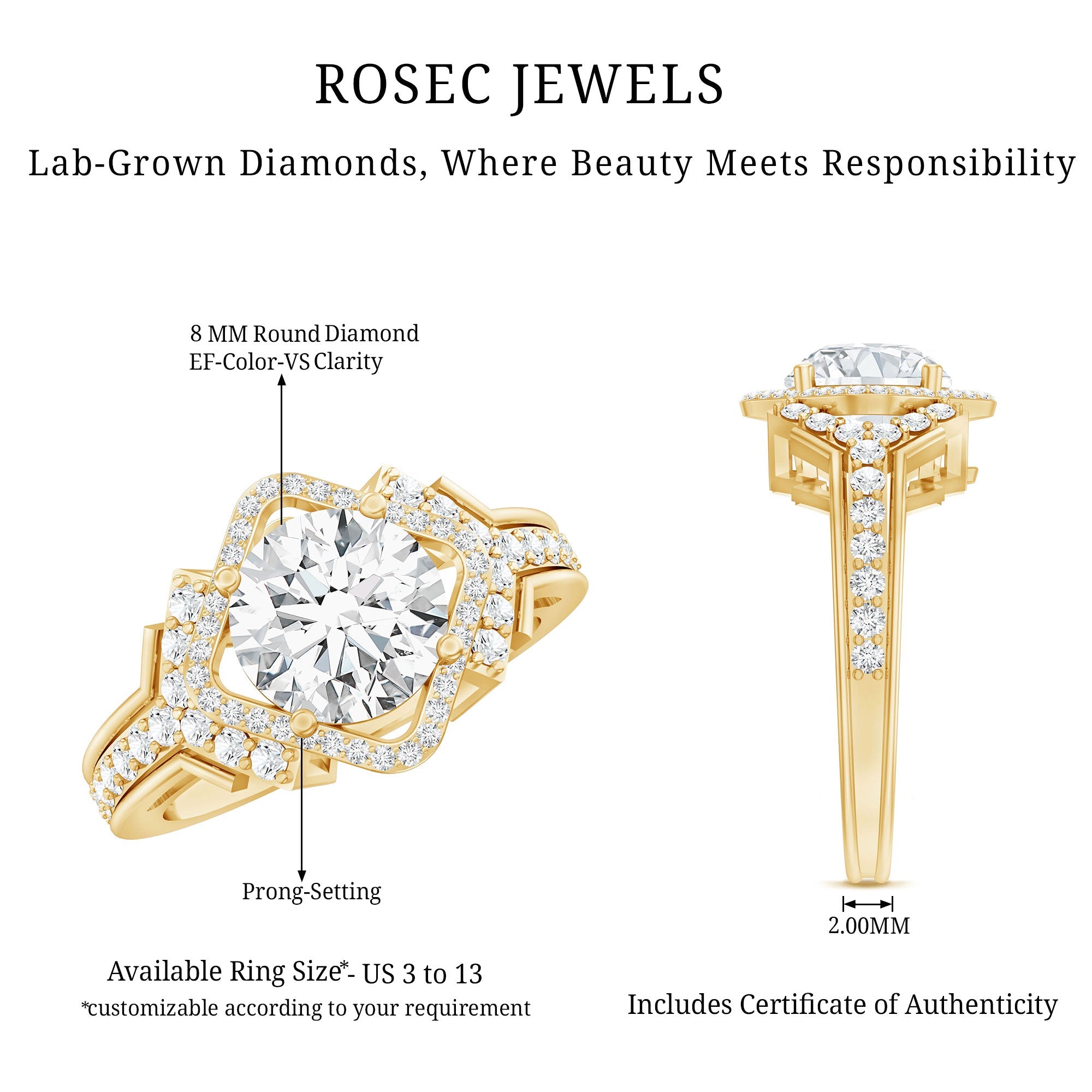 Certified 8 MM Lab Grown Diamond Vintage Style Engagement Ring