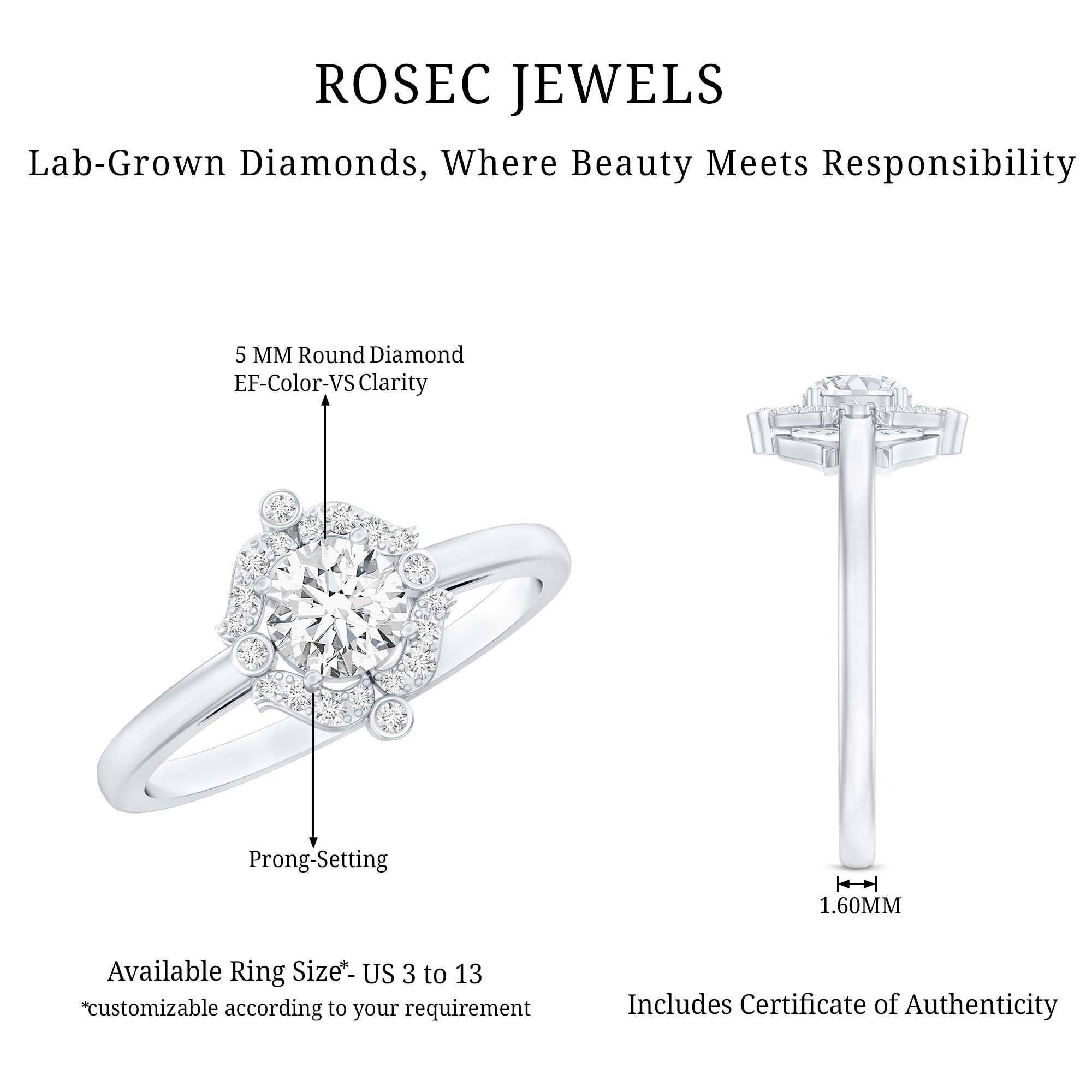 Certified 5 MM Lab Grown Diamond Unique Engagement Ring