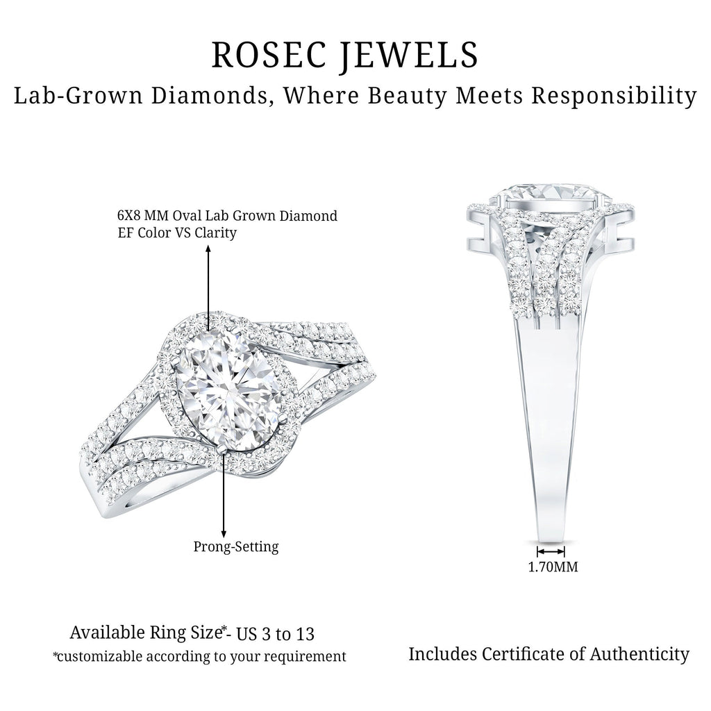 Certified 6X8 MM Oval Lab Grown Diamond Split Shank Engagement Ring
