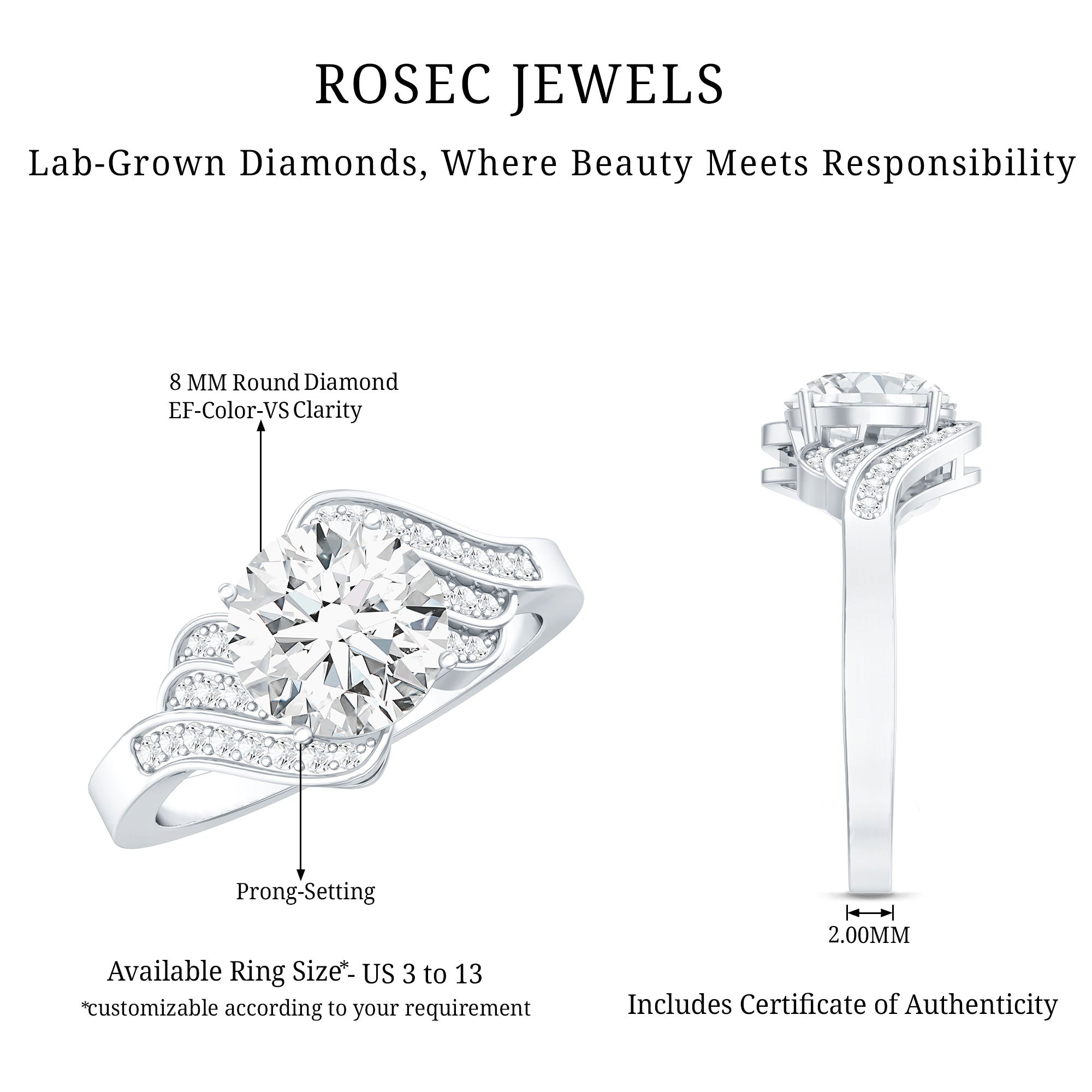 Certified 8 MM Lab Grown Diamond Unique Engagement Ring