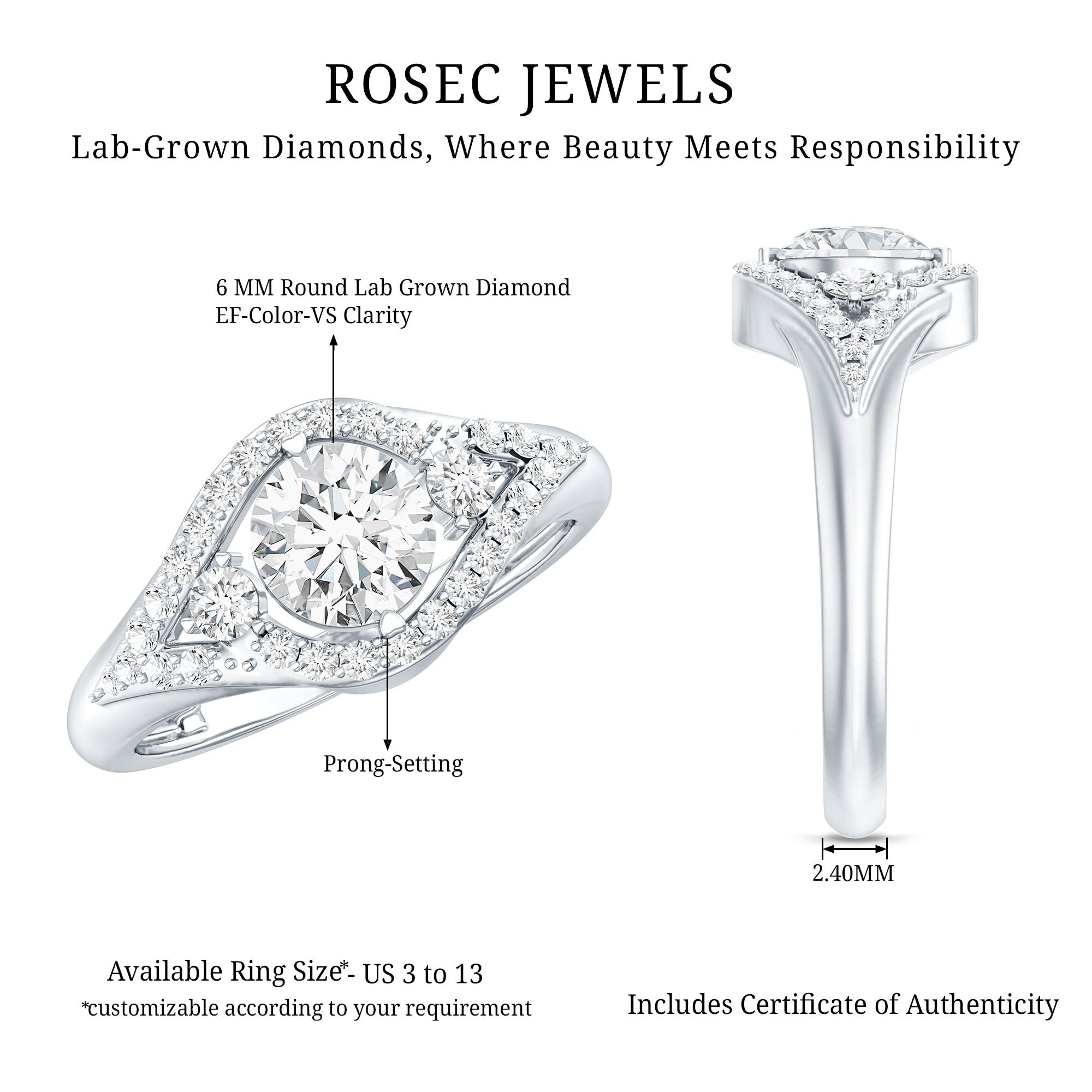 Certified 6 MM Lab Grown Diamond Classic Engagement Ring