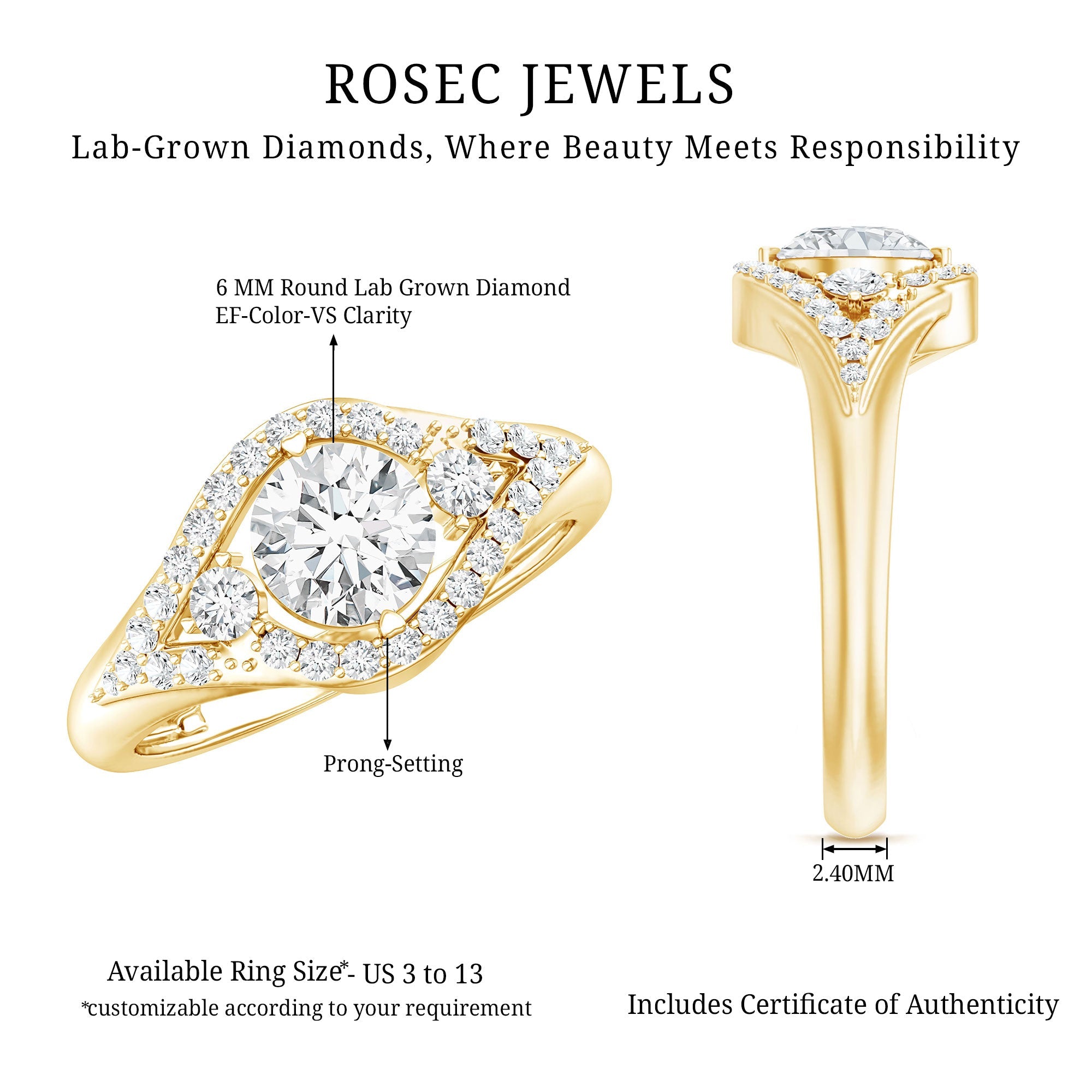 Certified 6 MM Lab Grown Diamond Classic Engagement Ring