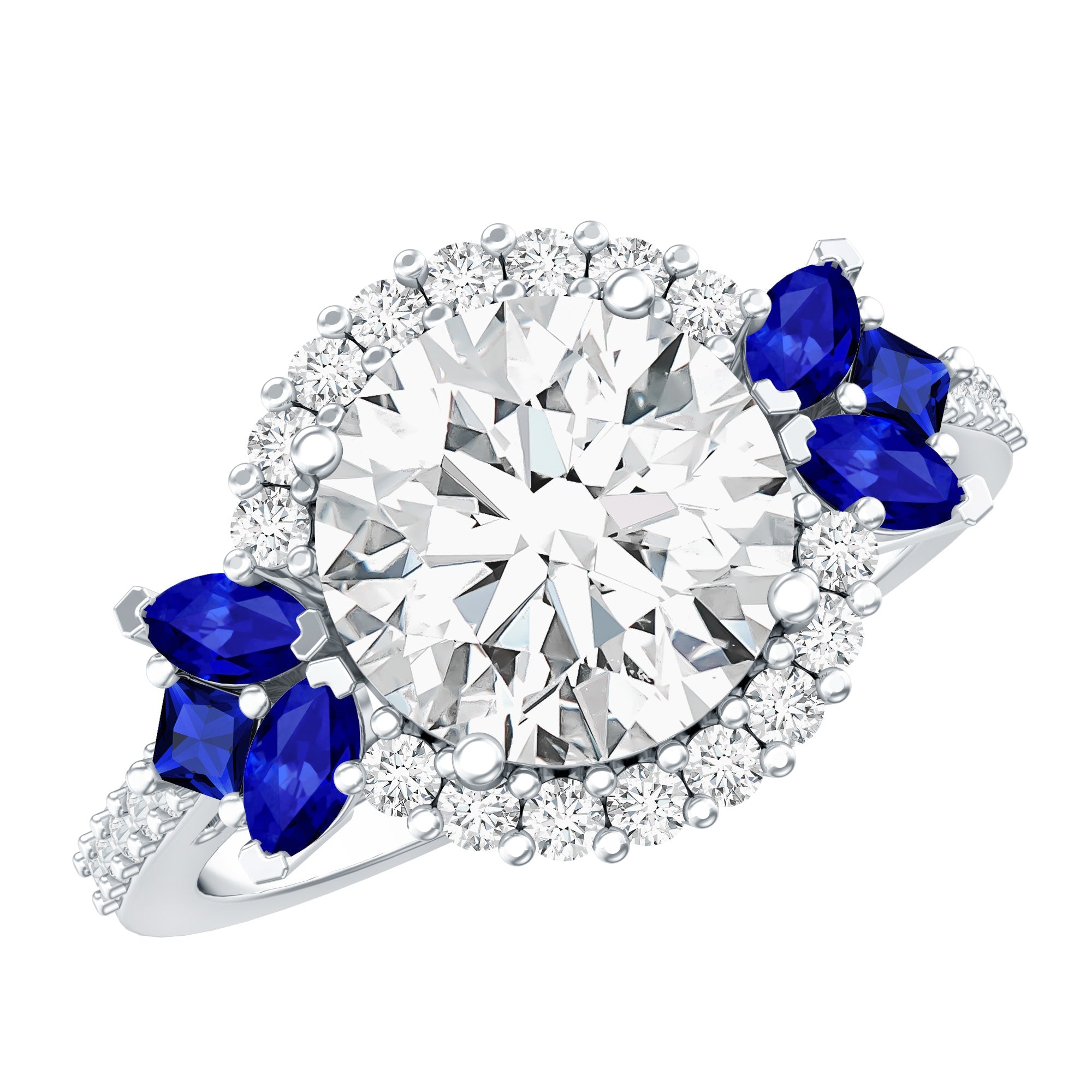3 Carat Lab Grown Diamond Halo Engagement Ring With Blue Sapphire