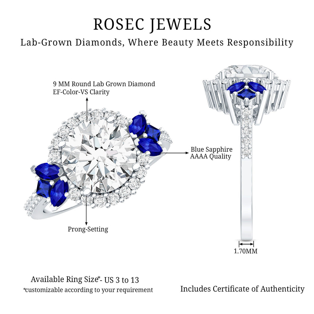 3 Carat Lab Grown Diamond Halo Engagement Ring With Blue Sapphire