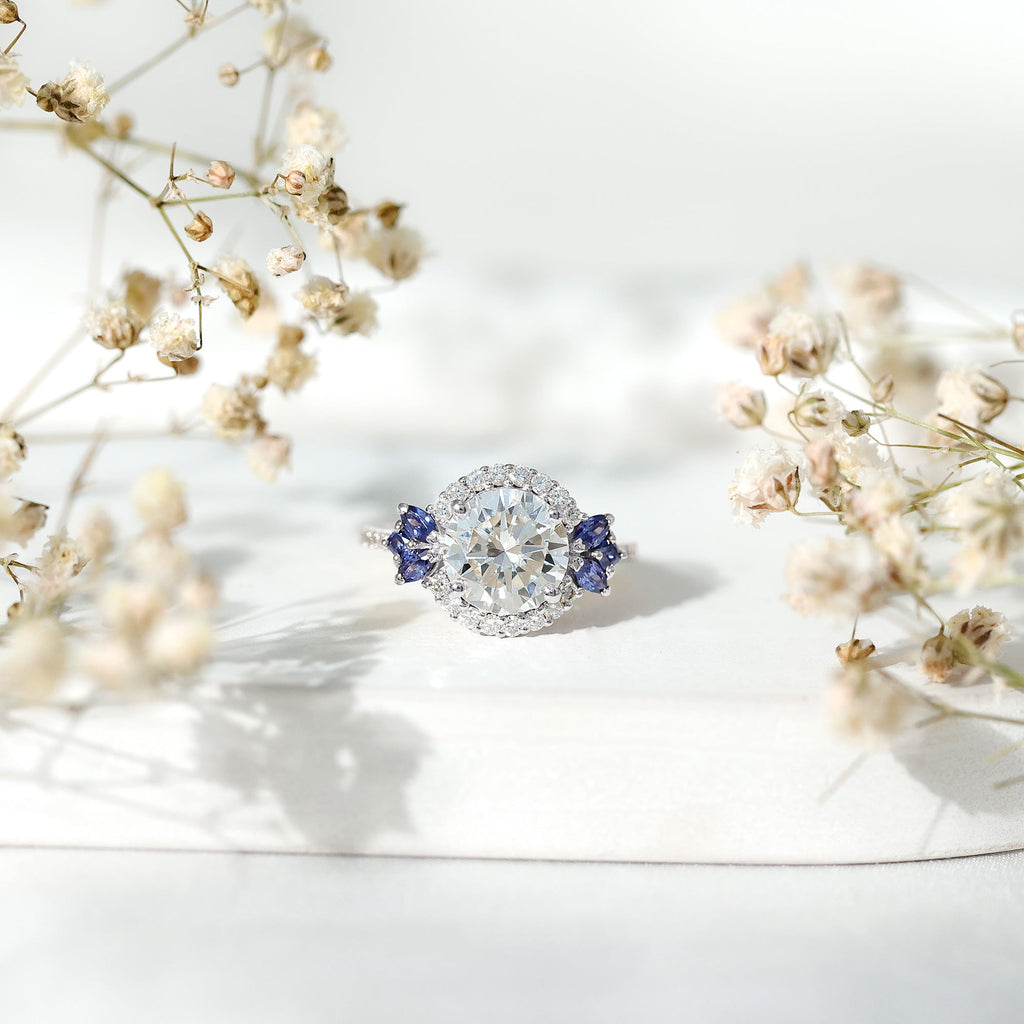 3 Carat Lab Grown Diamond Halo Engagement Ring With Blue Sapphire