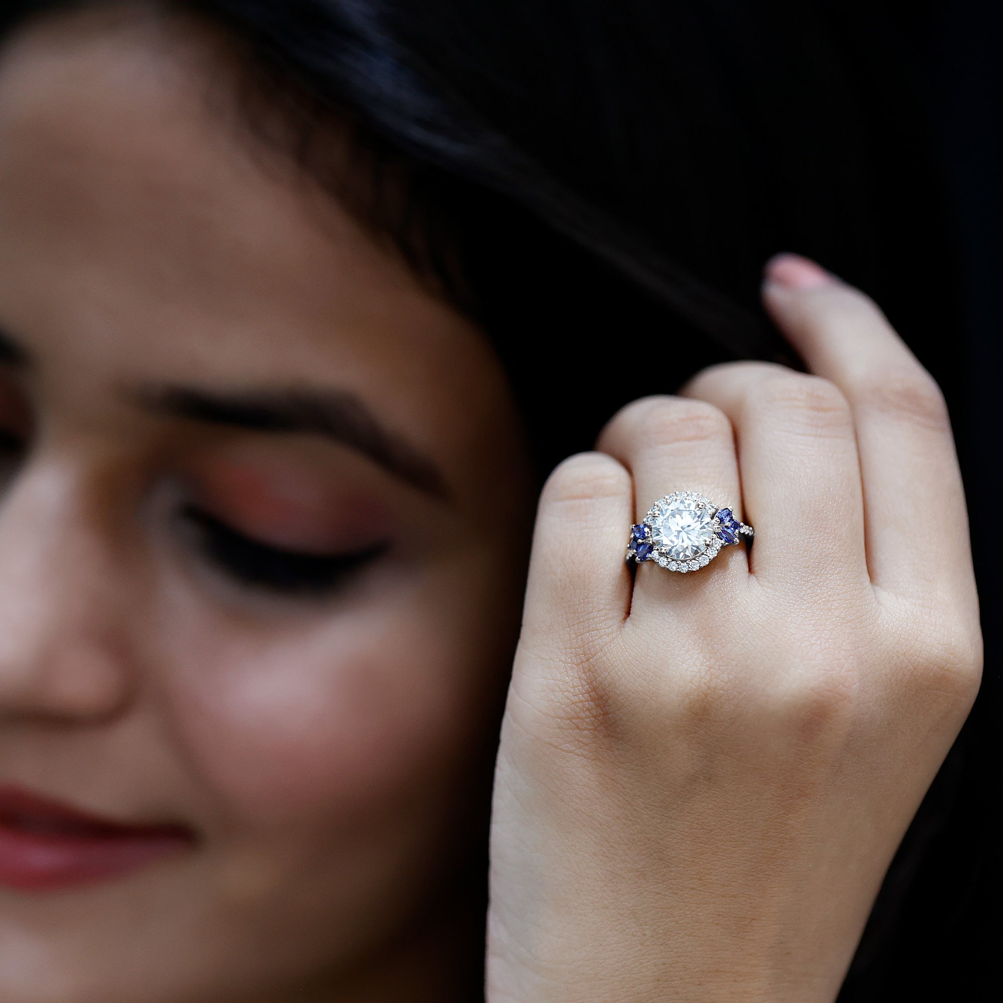 3 Carat Lab Grown Diamond Halo Engagement Ring With Blue Sapphire