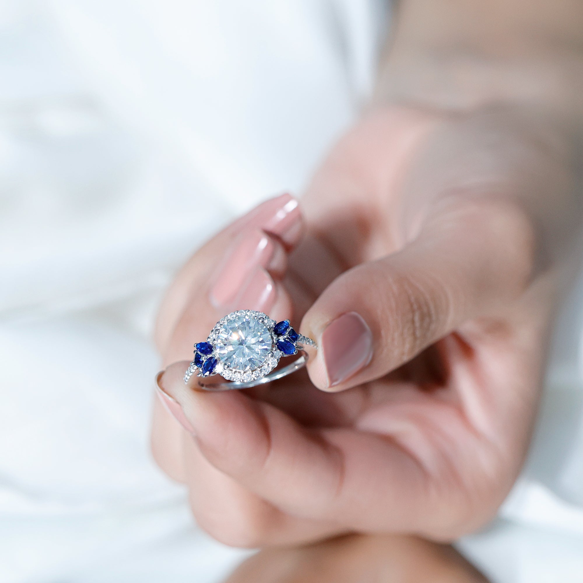 3 Carat Lab Grown Diamond Halo Engagement Ring With Blue Sapphire