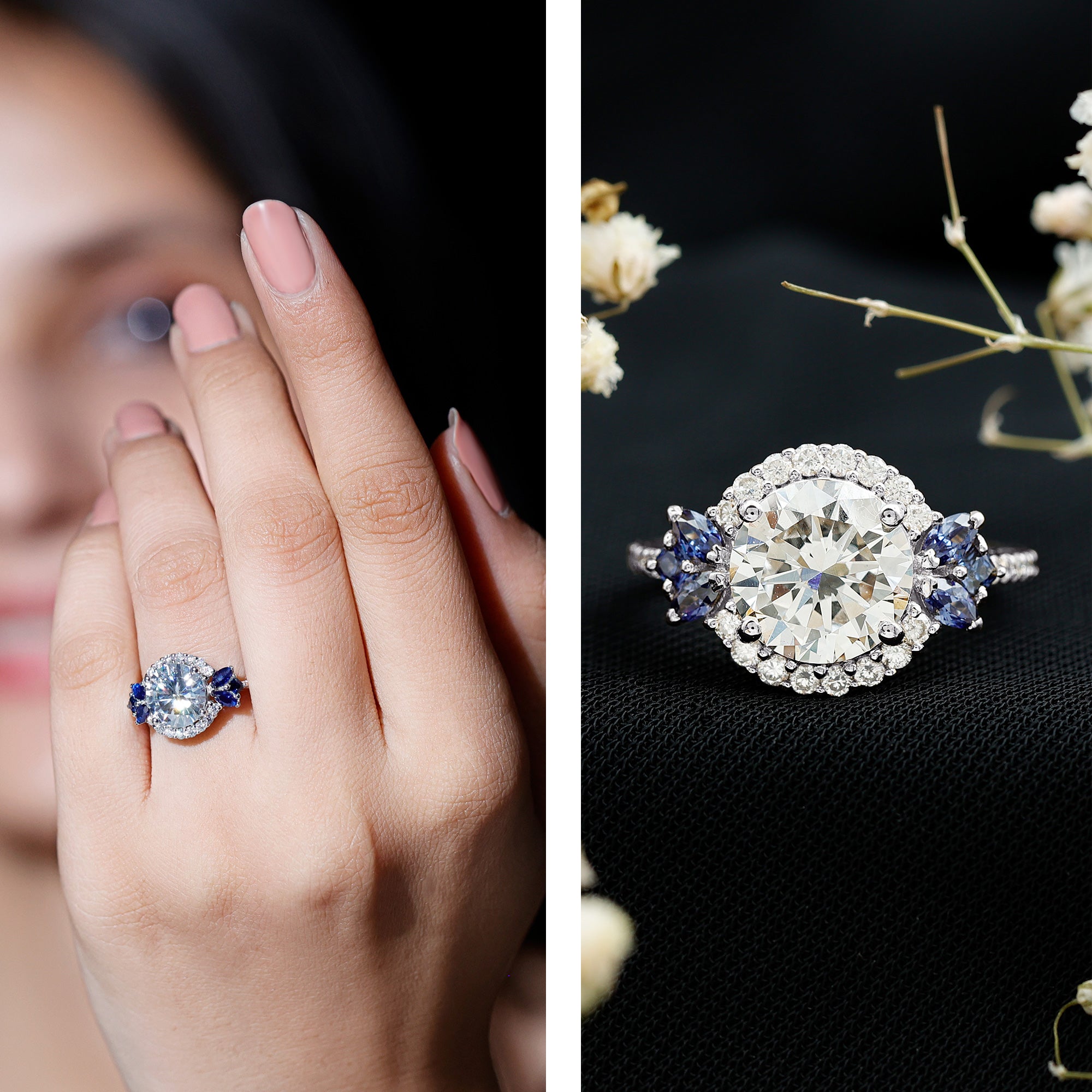3 Carat Lab Grown Diamond Halo Engagement Ring With Blue Sapphire