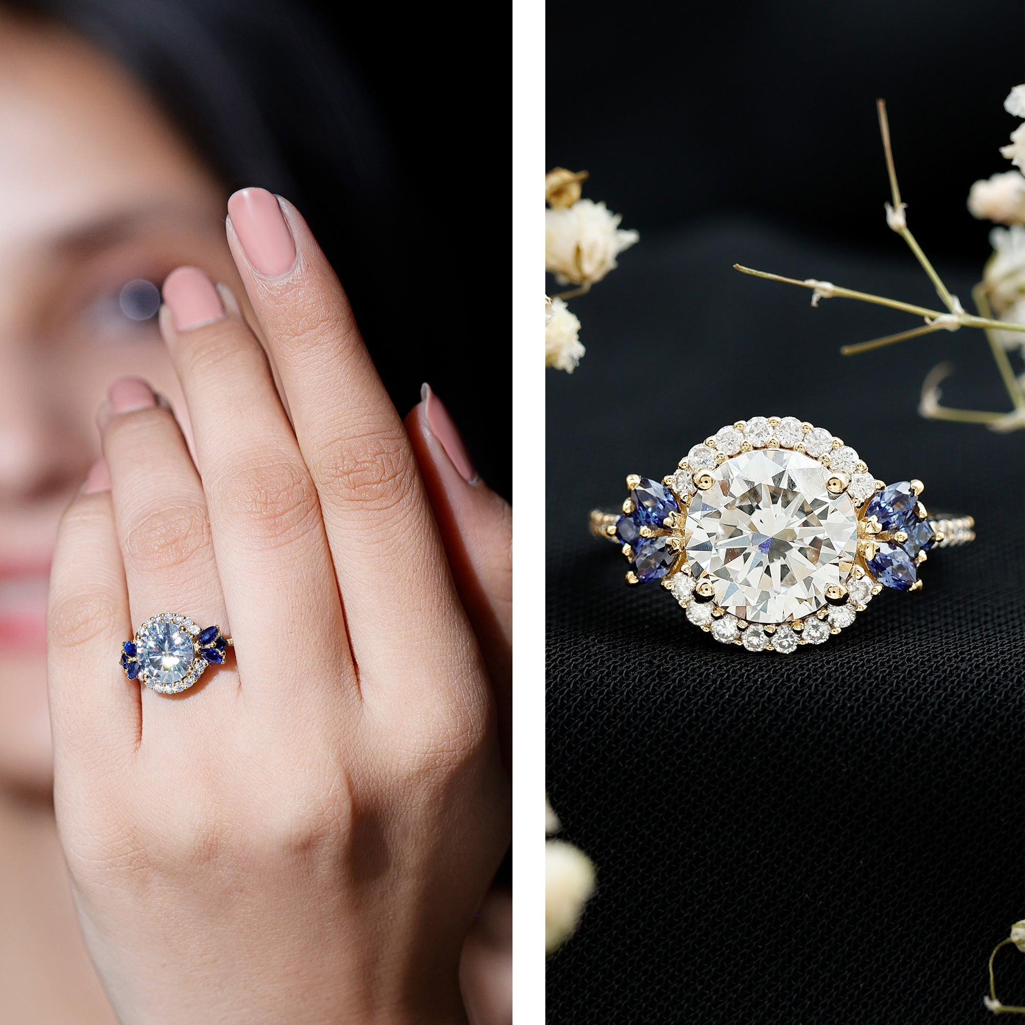 3 Carat Lab Grown Diamond Halo Engagement Ring With Blue Sapphire