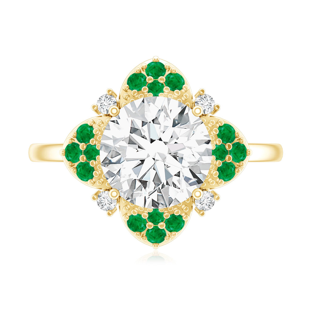 Certified Lab Grown Diamond Flower Engagement Ring With Emerald