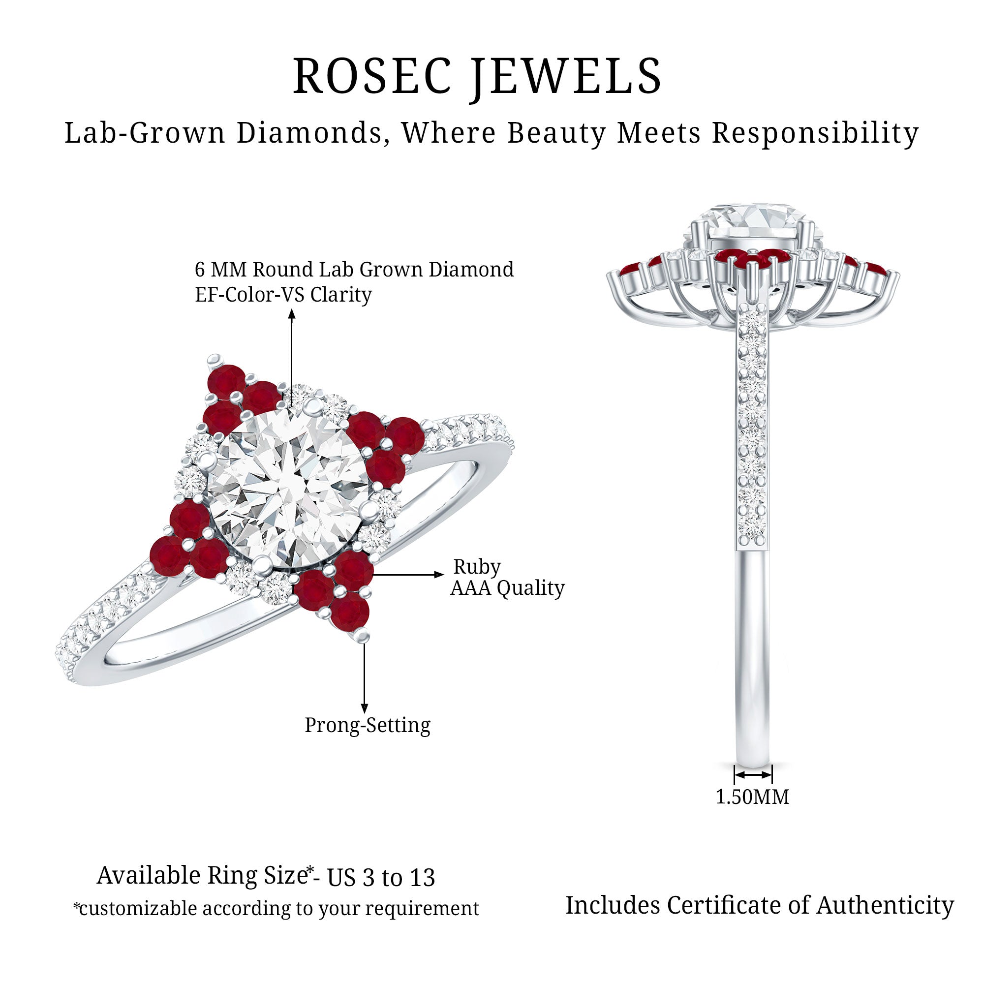 Certified Lab Grown Diamond Halo Engagement Ring with Ruby