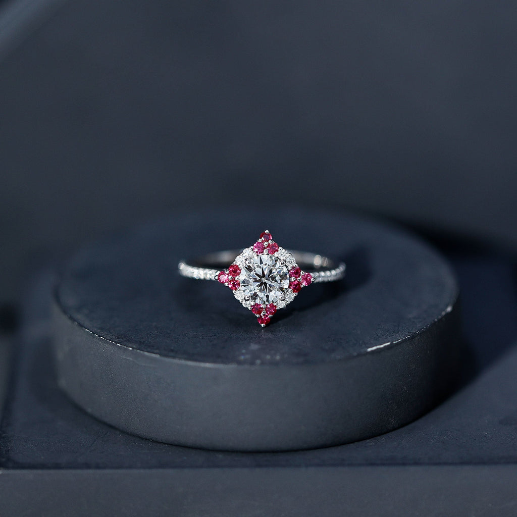 Certified Lab Grown Diamond Halo Engagement Ring with Ruby