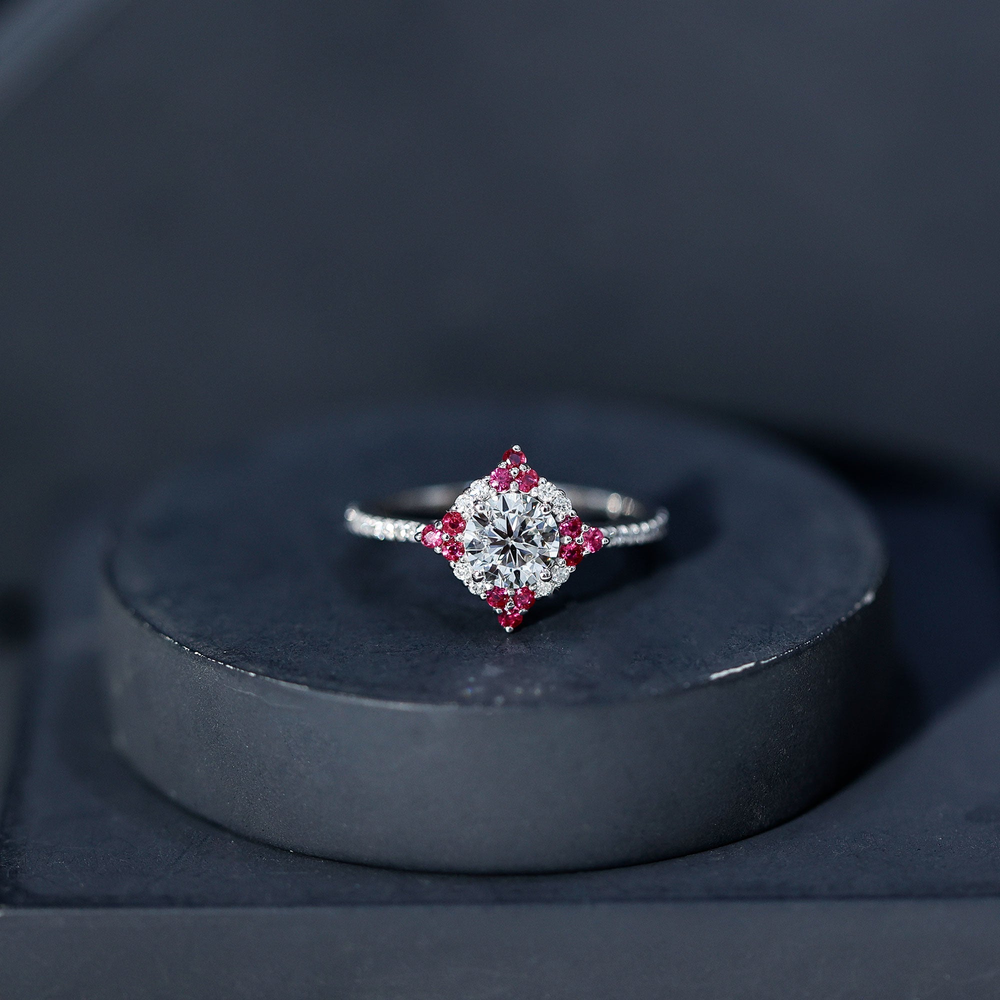 Certified Lab Grown Diamond Halo Engagement Ring with Ruby