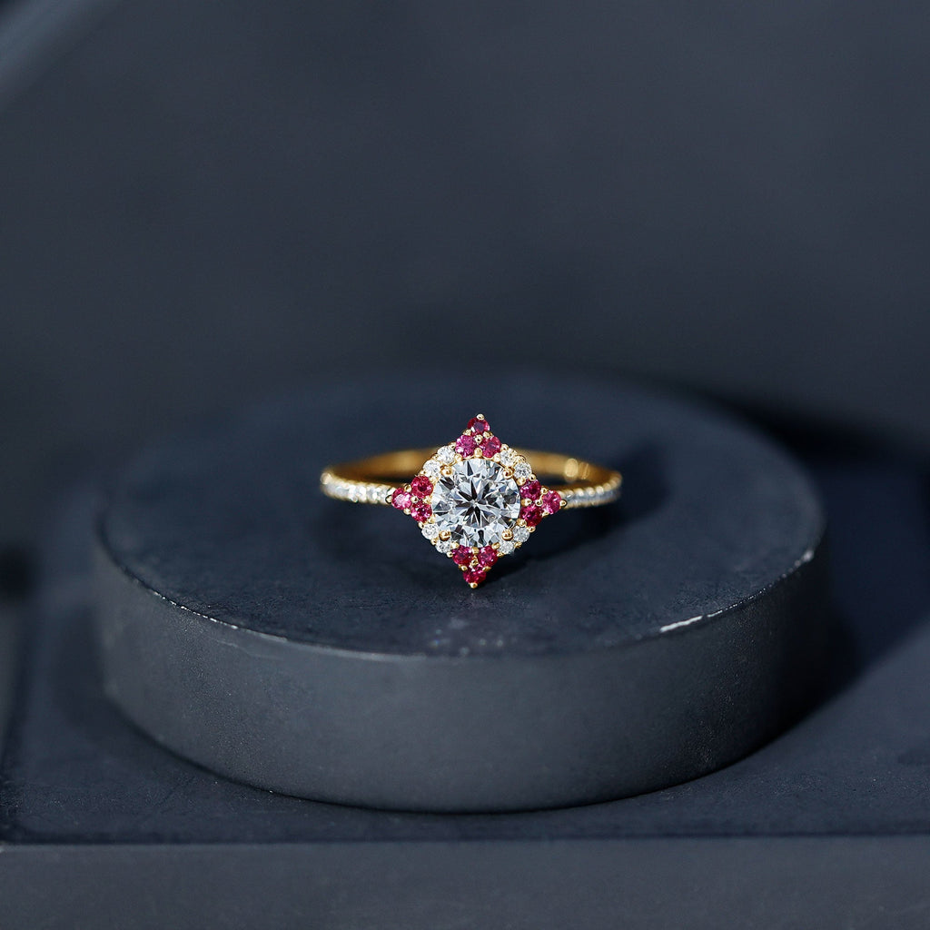 Certified Lab Grown Diamond Halo Engagement Ring with Ruby