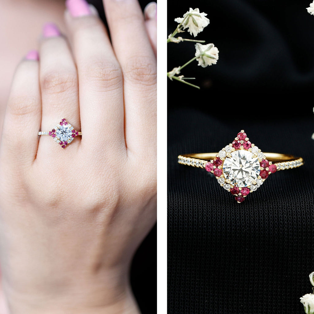 Certified Lab Grown Diamond Halo Engagement Ring with Ruby
