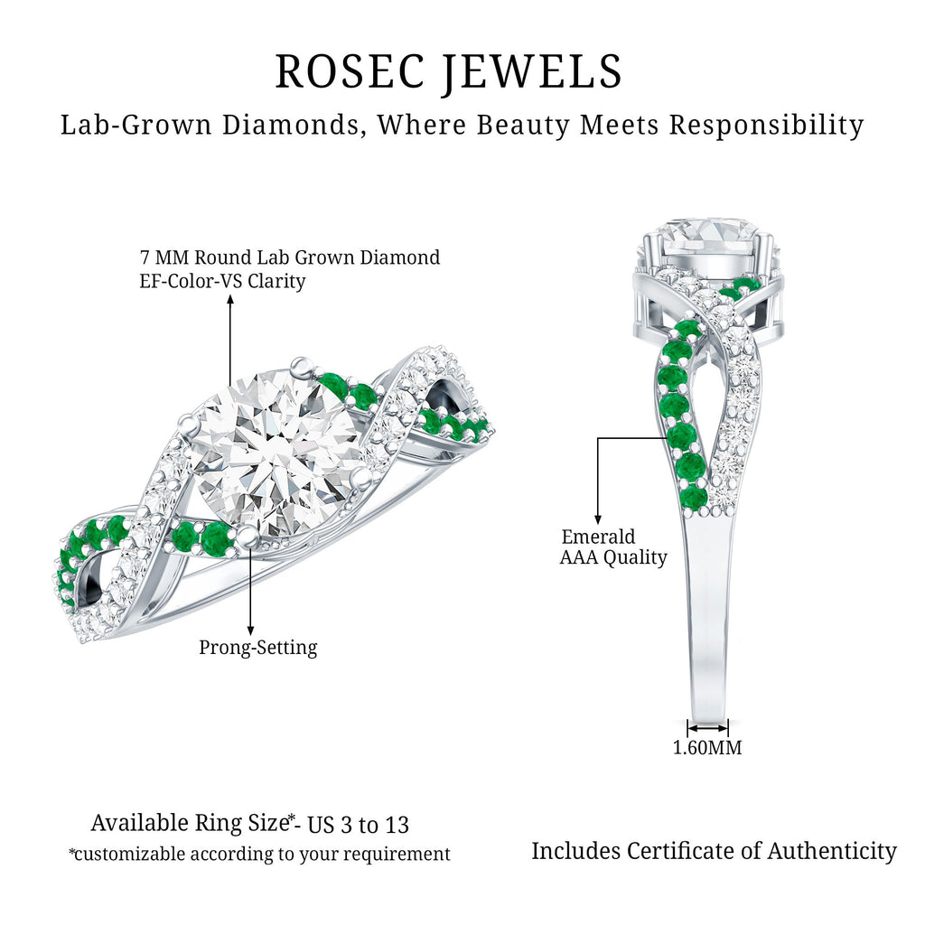Lab Grown Diamond Crossover Engagement Ring with Emerald