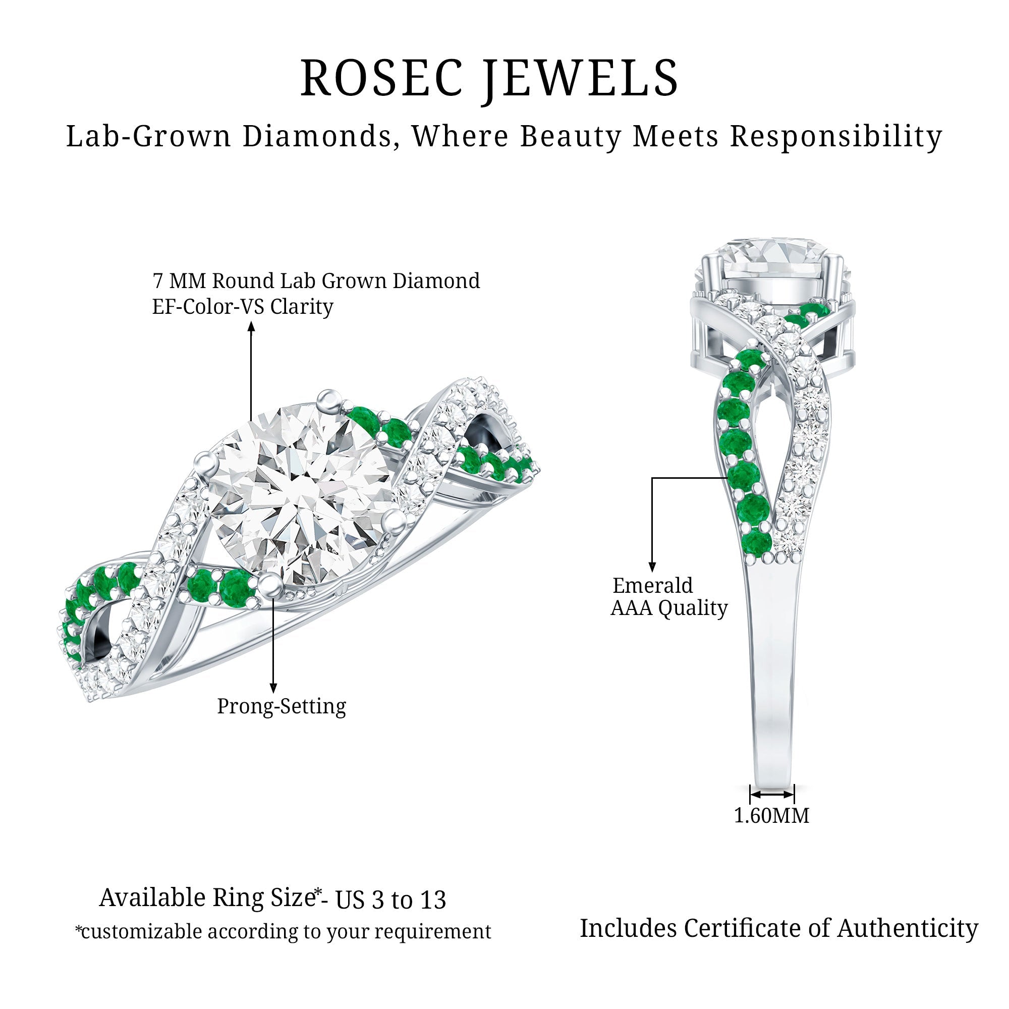 Lab Grown Diamond Crossover Engagement Ring with Emerald