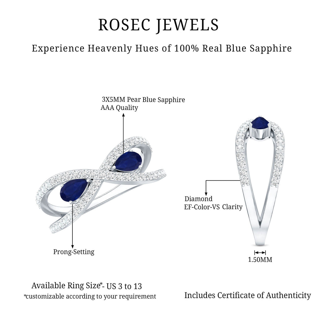 Real Pear Shape Blue Sapphire 2 Stone Engagement Ring with Diamond