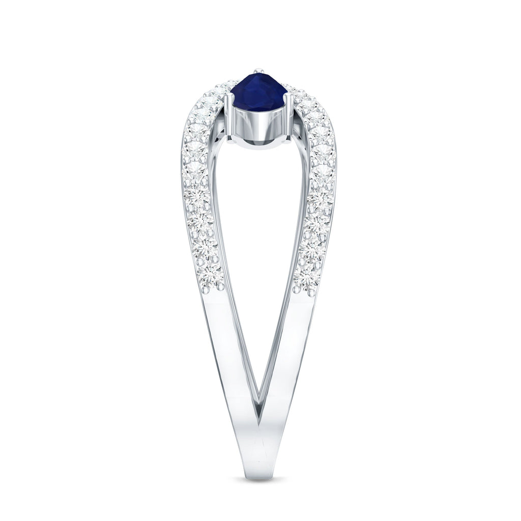 Real Pear Shape Blue Sapphire 2 Stone Engagement Ring with Diamond
