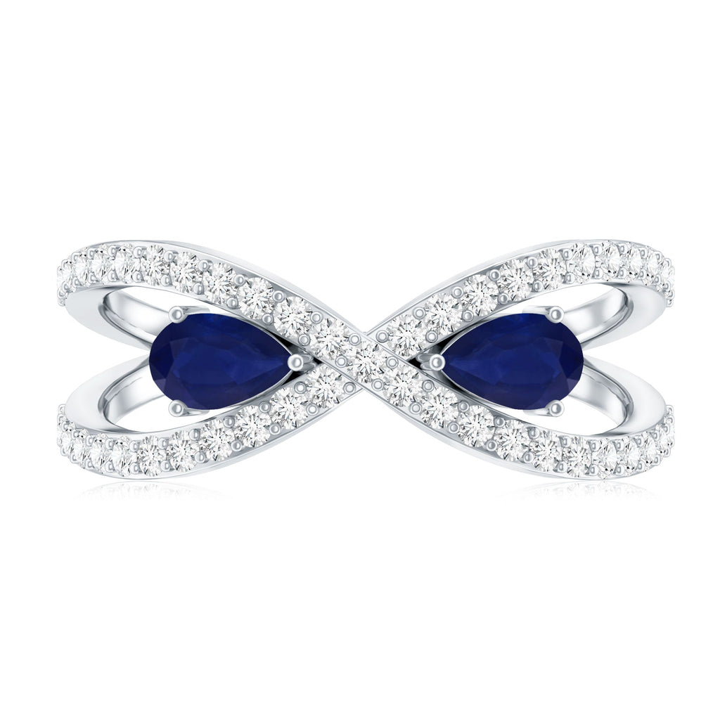 Real Pear Shape Blue Sapphire 2 Stone Engagement Ring with Diamond