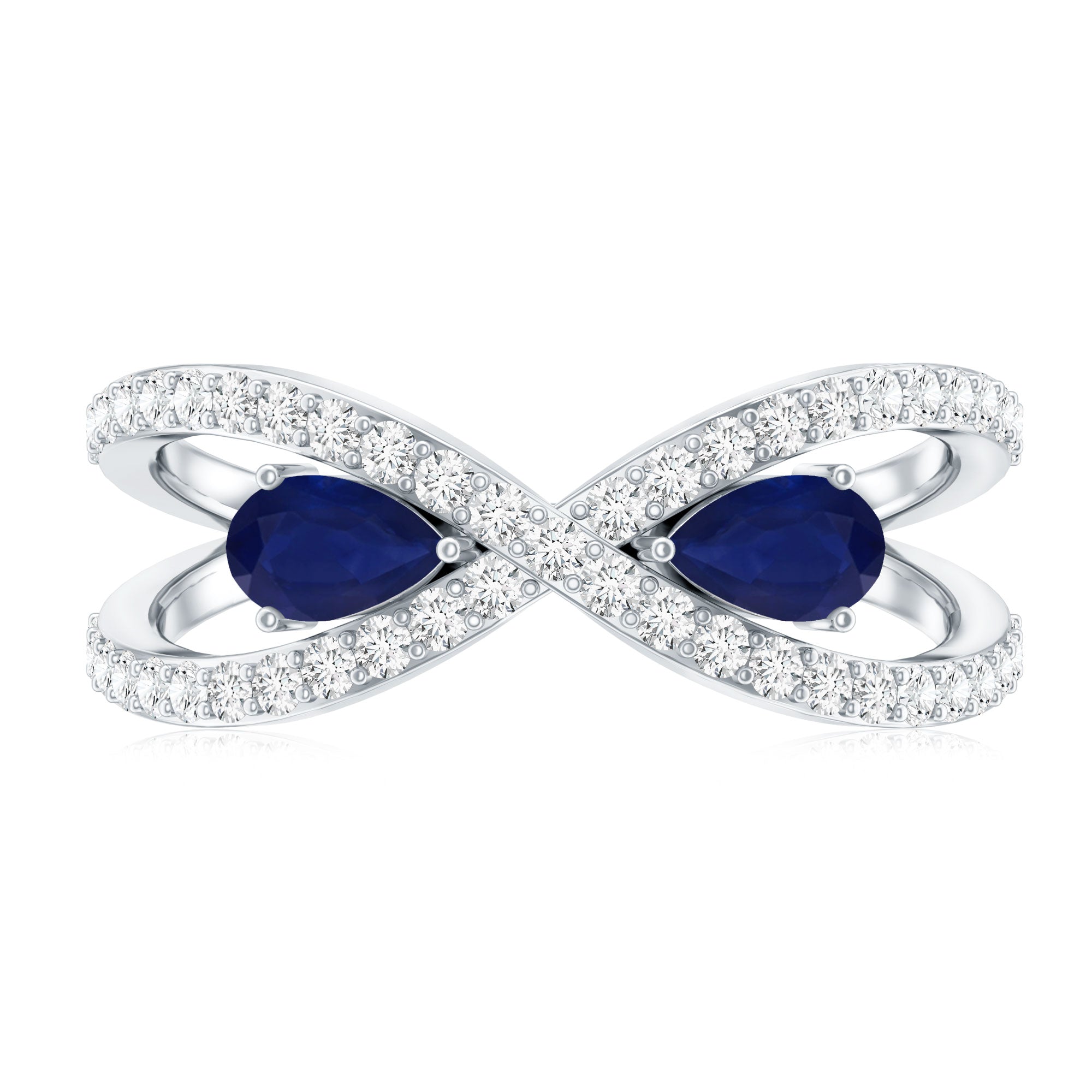 Real Pear Shape Blue Sapphire 2 Stone Engagement Ring with Diamond