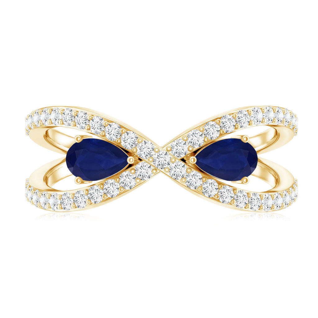 Real Pear Shape Blue Sapphire 2 Stone Engagement Ring with Diamond
