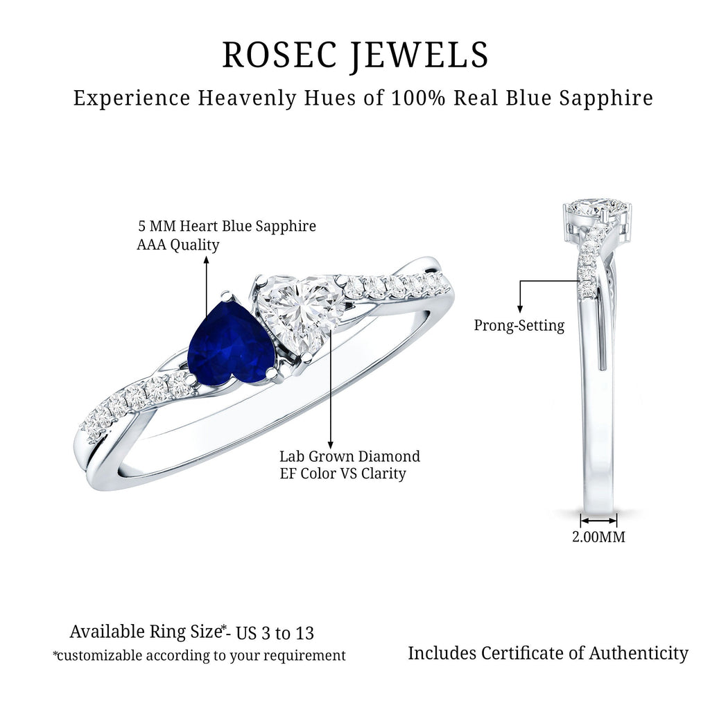 Natural Heart Shape Blue Sapphire Diamond 2 Stone Promise Ring