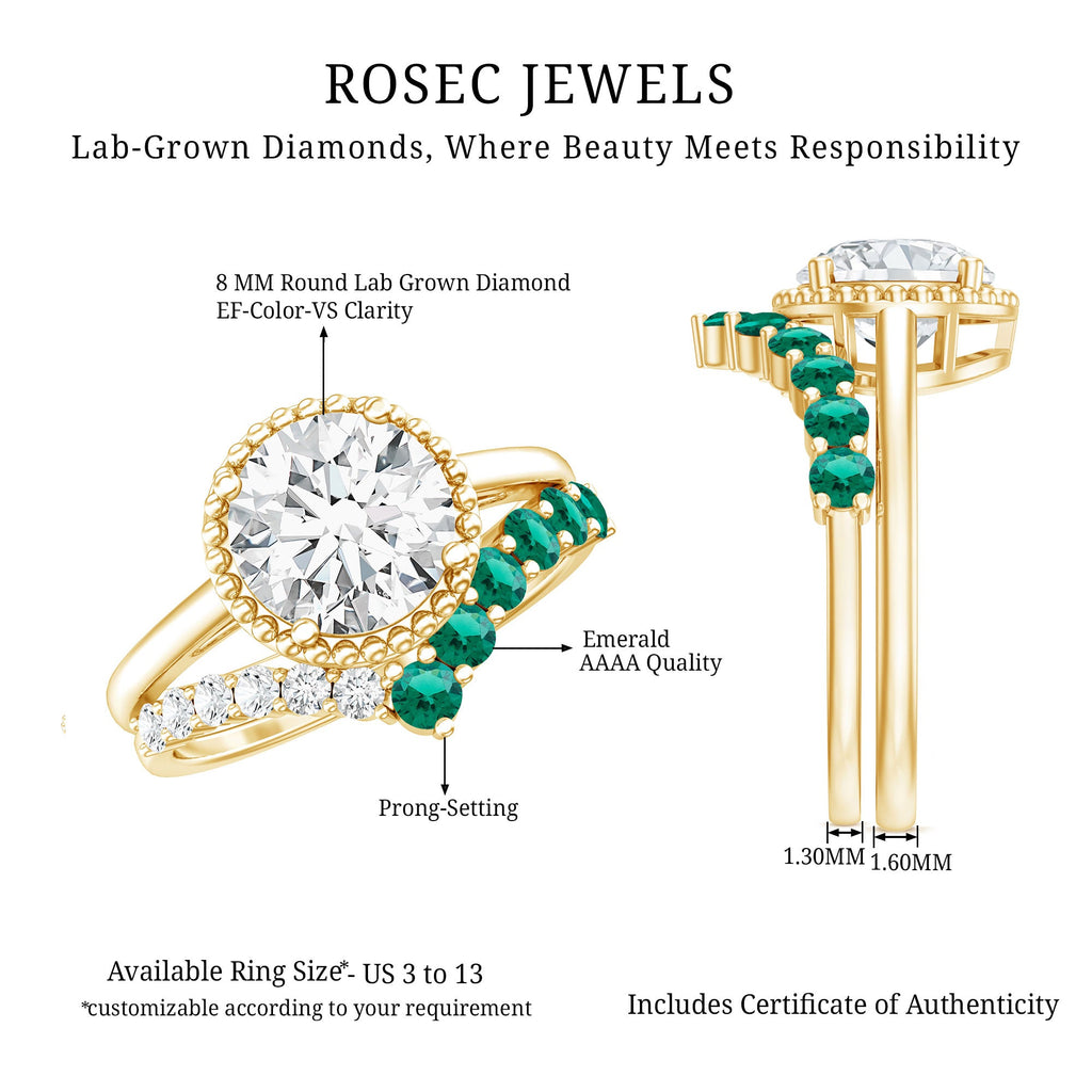 Certified Lab Grown Diamond 8 MM Engagement Ring With Emerald Enhancer