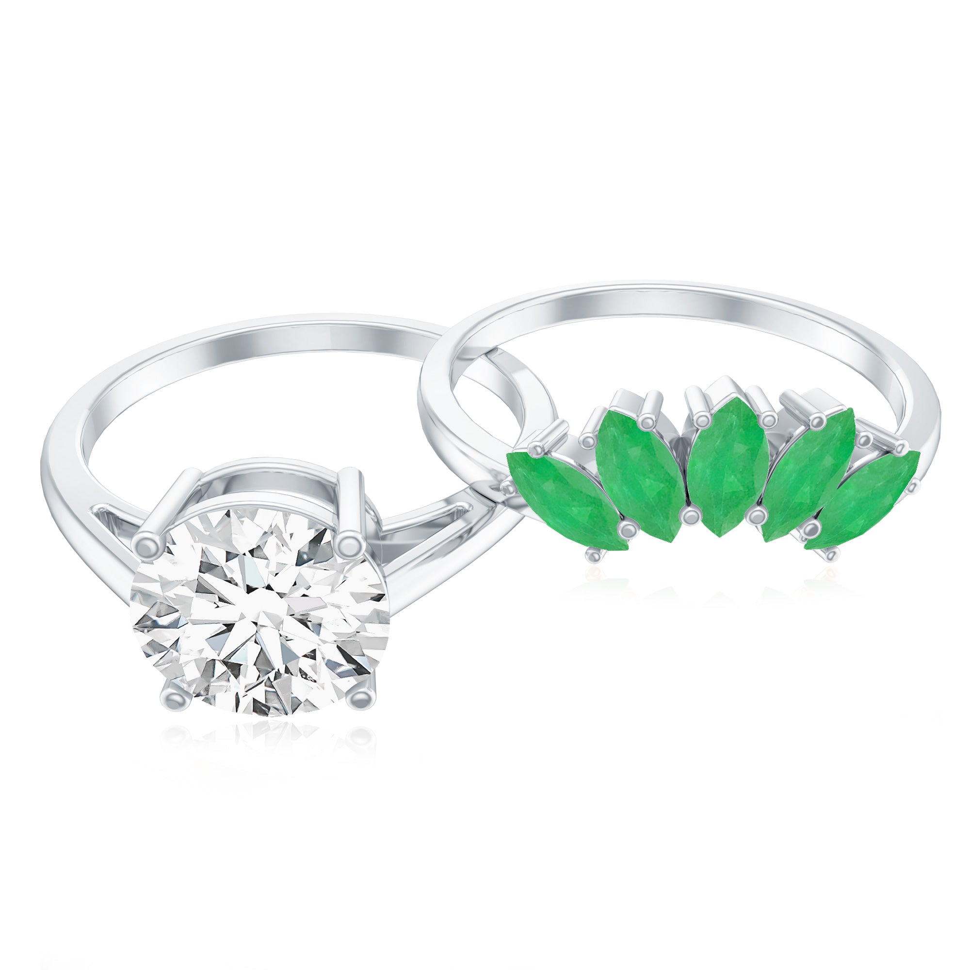 Certified 8 MM Lab Grown Diamond Engagement Ring With Emerald Wedding Band