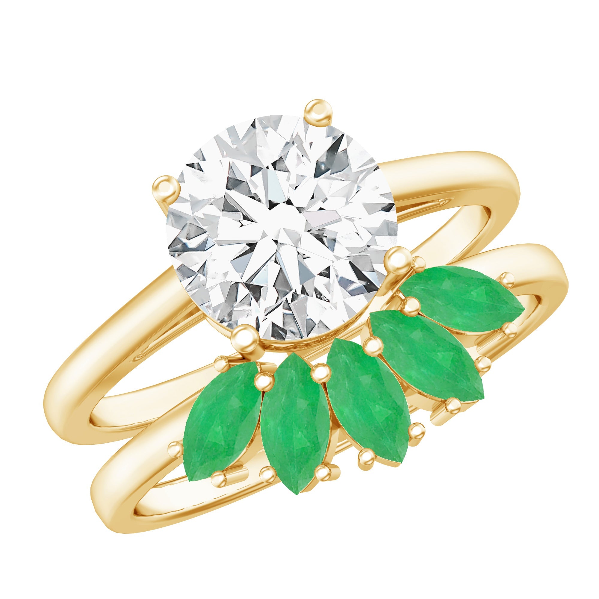 Certified 8 MM Lab Grown Diamond Engagement Ring With Emerald Wedding Band