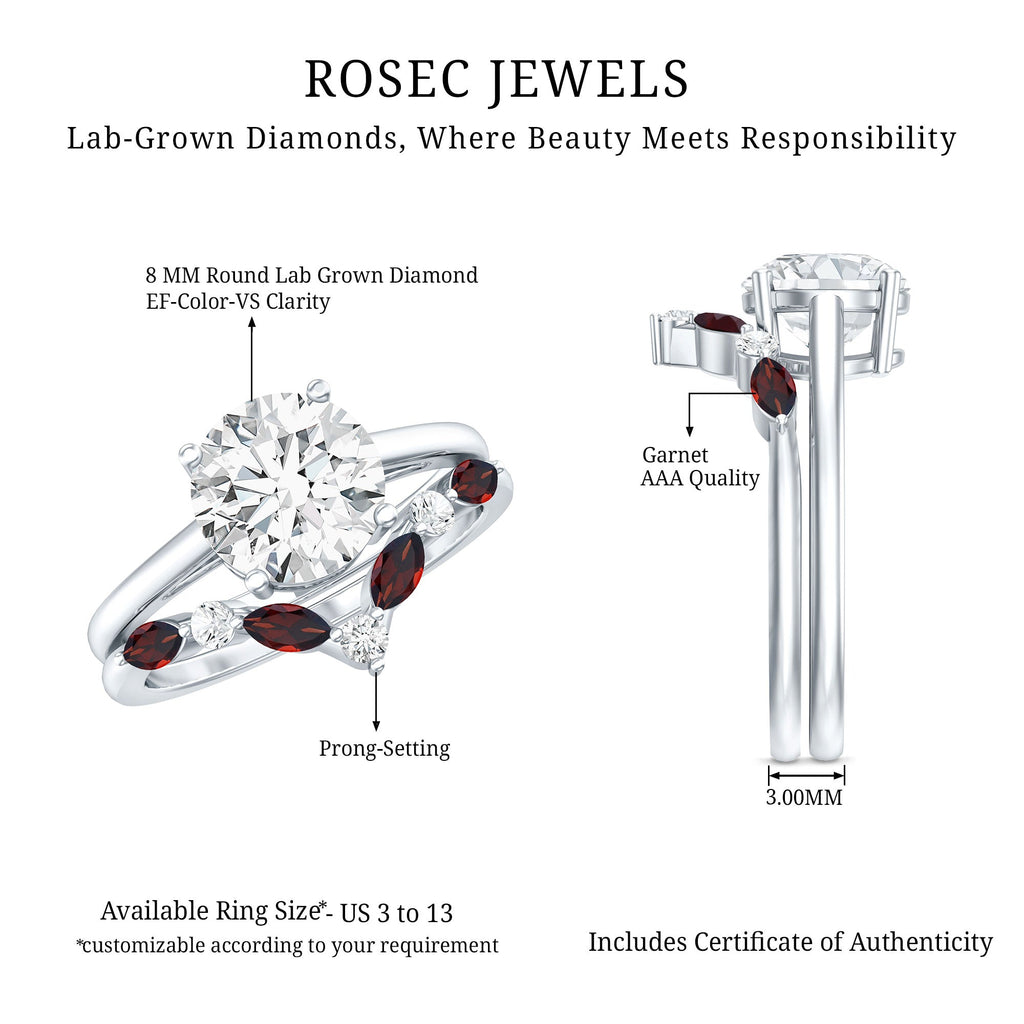 Certified 8 MM Lab Grown Diamond Bridal Ring Set With Garnet Enhancer
