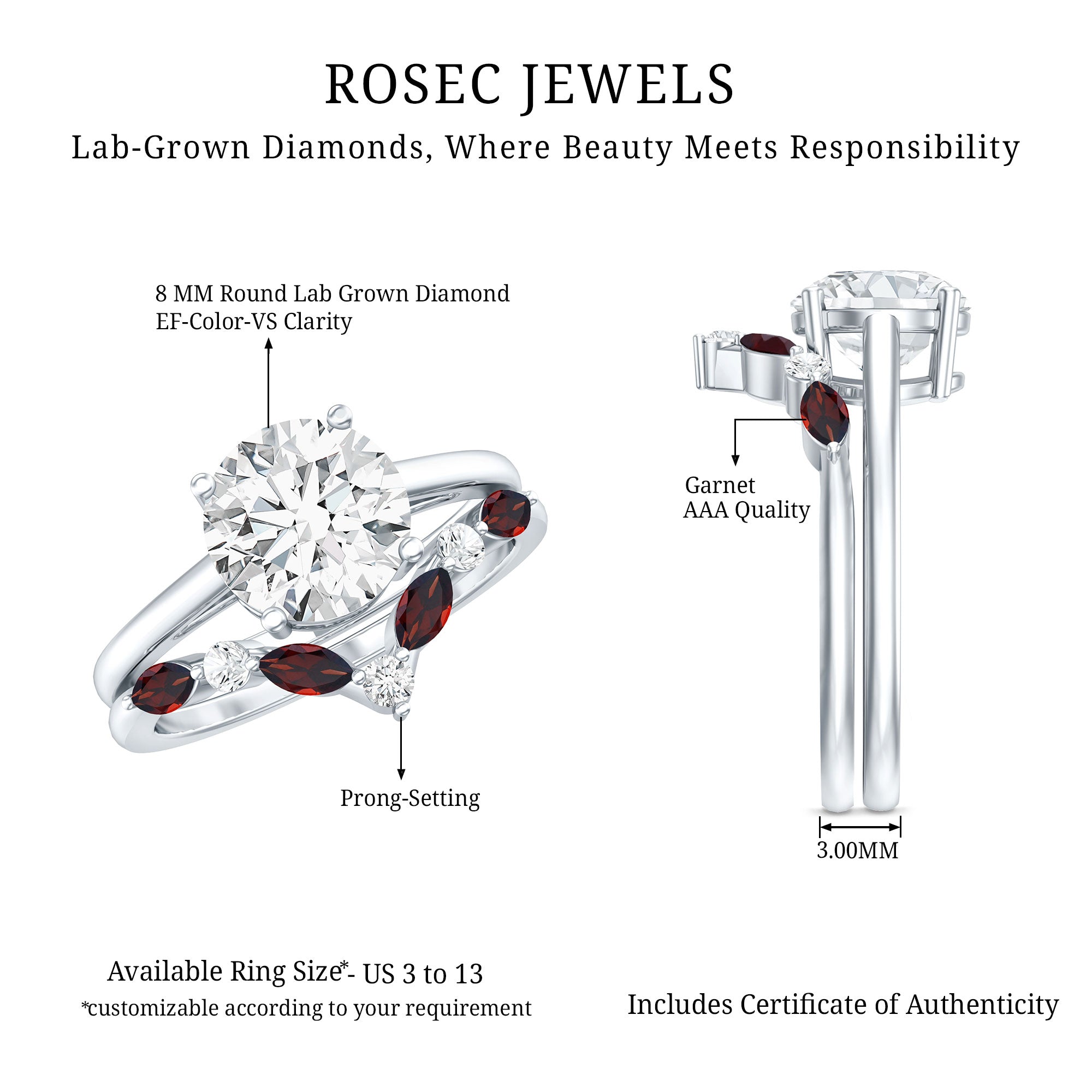 Certified 8 MM Lab Grown Diamond Bridal Ring Set With Garnet Enhancer