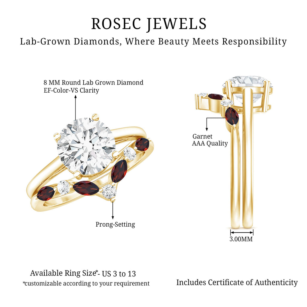 Certified 8 MM Lab Grown Diamond Bridal Ring Set With Garnet Enhancer