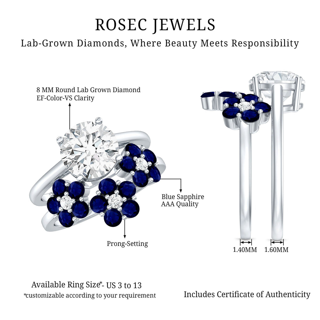 Certified Lab 8 MM Diamond Engagement Ring With Sapphire Wedding Band